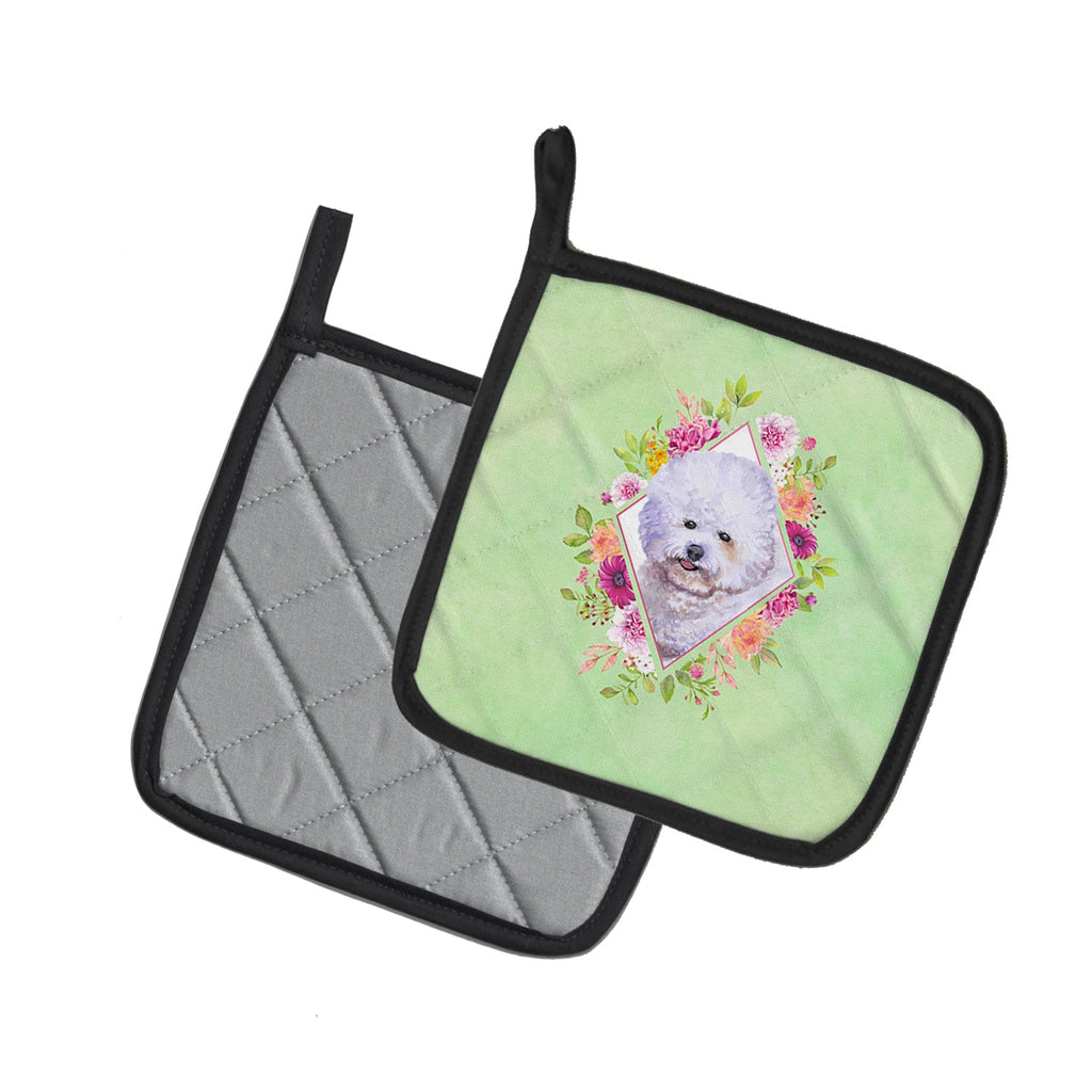 Bichon Frisé #2 Green Flowers Pot Holder Set of 2 Heat Resistant Quilted Hot Pads 7.5 x 7.5 Inch, Insulated Kitchen Trivets for Cooking & Baking
