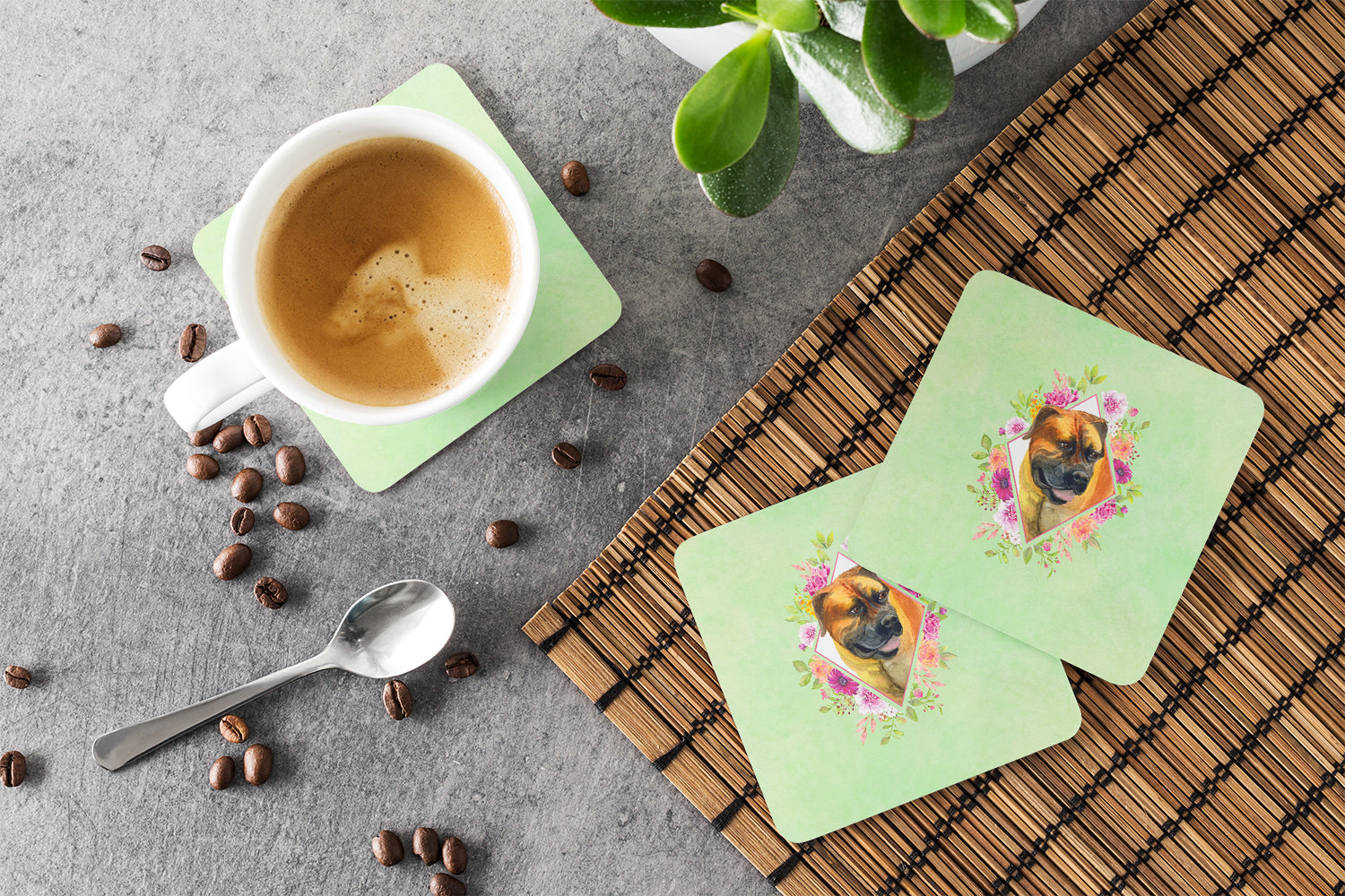 Borboel Mastiff Green Flowers Foam Coasters Set of 4 Cup Coasters for Indoor Outdoor, Tabletop Protection, Anti Slip, Mouse pad Material