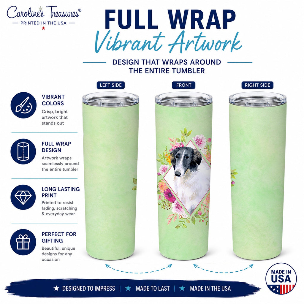 Borzoi Green Flowers Stainless Steel Skinny Tumbler 20 oz Vacuum Double Walled Reusable Insulated Travel Cup