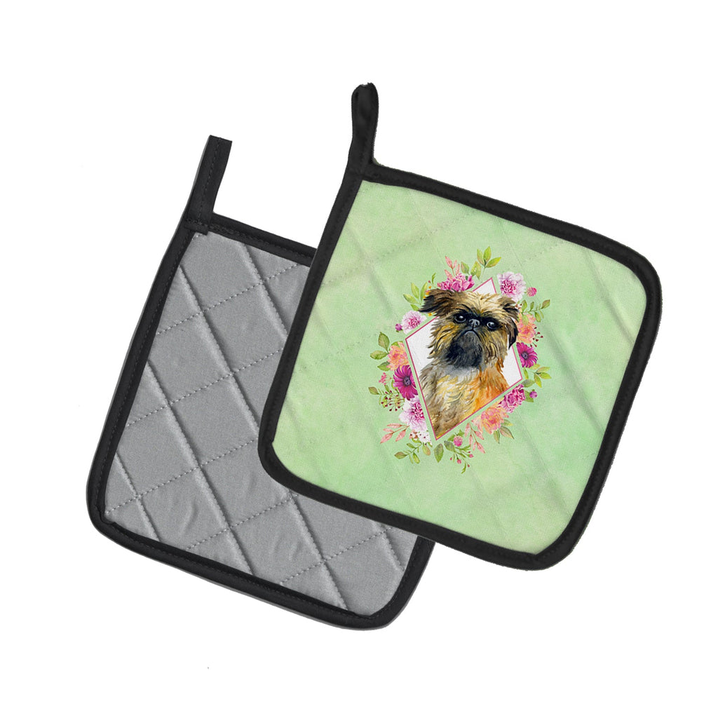 Brussels Griffon Green Flowers Pot Holder Set of 2 Heat Resistant Quilted Hot Pads 7.5 x 7.5 Inch, Insulated Kitchen Trivets for Cooking & Baking