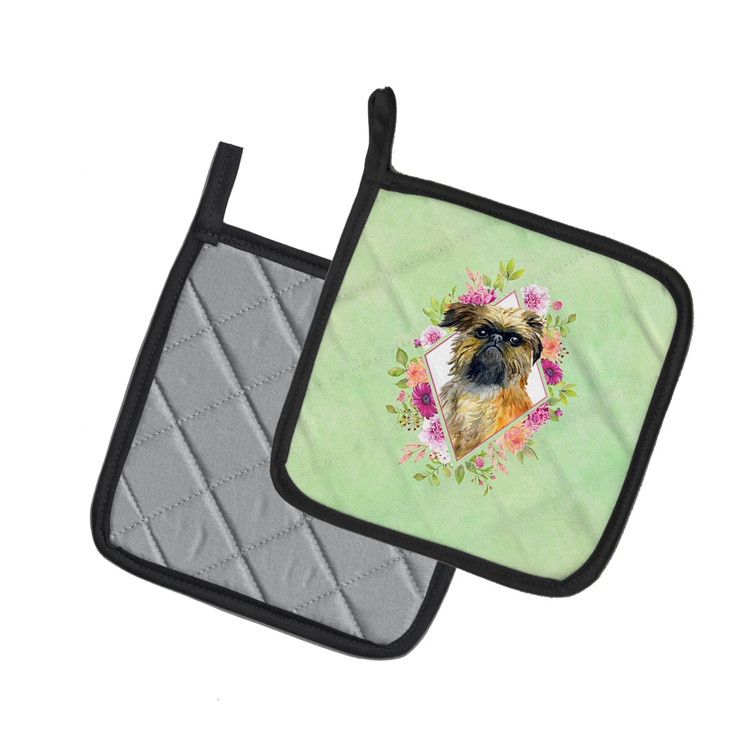Brussels Griffon Green Flowers Pot Holder Set of 2 Heat Resistant Quilted Hot Pads 7.5 x 7.5 Inch, Insulated Kitchen Trivets for Cooking & Baking