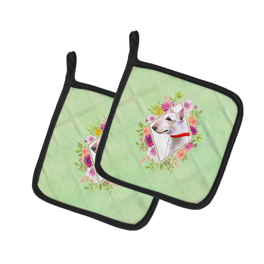 Bull Terrier Green Flowers Pot Holder Set of 2 Heat Resistant Quilted Hot Pads 7.5 x 7.5 Inch, Insulated Kitchen Trivets for Cooking & Baking