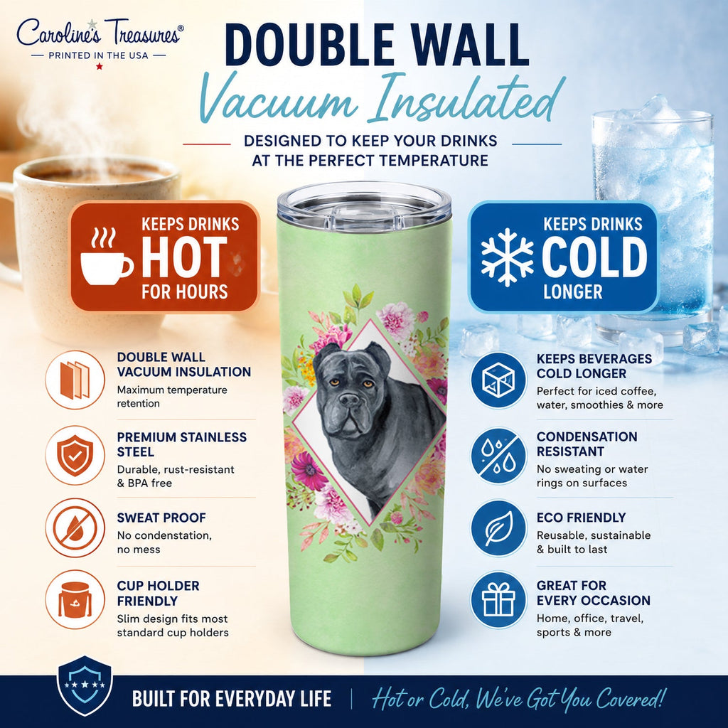 Cane Corso Green Flowers Stainless Steel Skinny Tumbler 20 oz Vacuum Double Walled Reusable Insulated Travel Cup