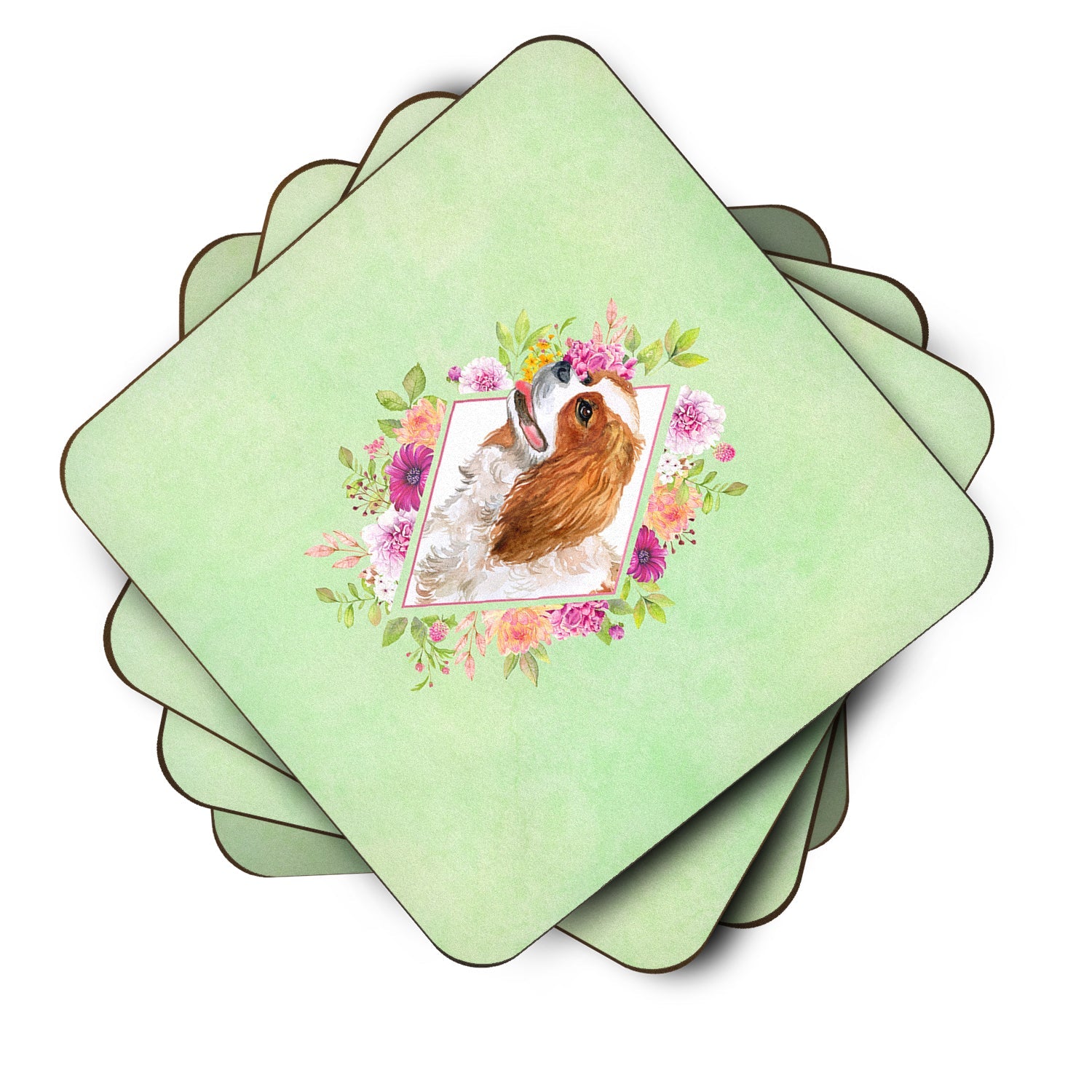 Cavalier King Charles Spaniel Green Flowers Foam Coasters Set of 4 Cup Coasters for Indoor Outdoor, Tabletop Protection, Anti Slip, Mouse pad Material