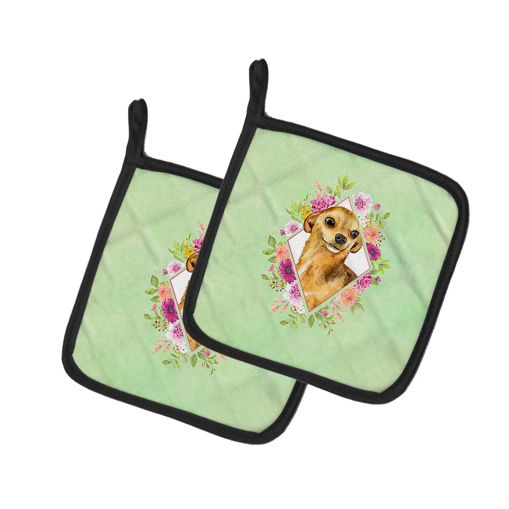 Chihuahua #1 Green Flowers Pot Holder Set of 2 Heat Resistant Quilted Hot Pads 7.5 x 7.5 Inch, Insulated Kitchen Trivets for Cooking & Baking