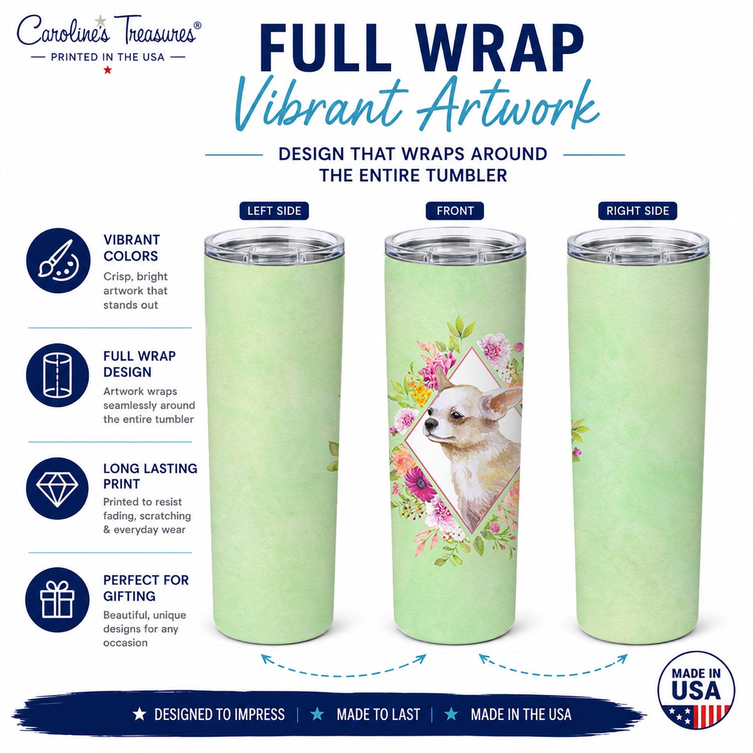 Chihuahua #2 Green Flowers Stainless Steel Skinny Tumbler 20 oz Vacuum Double Walled Reusable Insulated Travel Cup