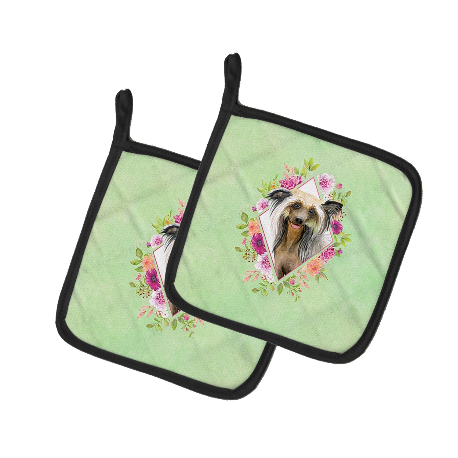 Chinese Crested Green Flowers Pot Holder Set of 2 Heat Resistant Quilted Hot Pads 7.5 x 7.5 Inch, Insulated Kitchen Trivets for Cooking & Baking