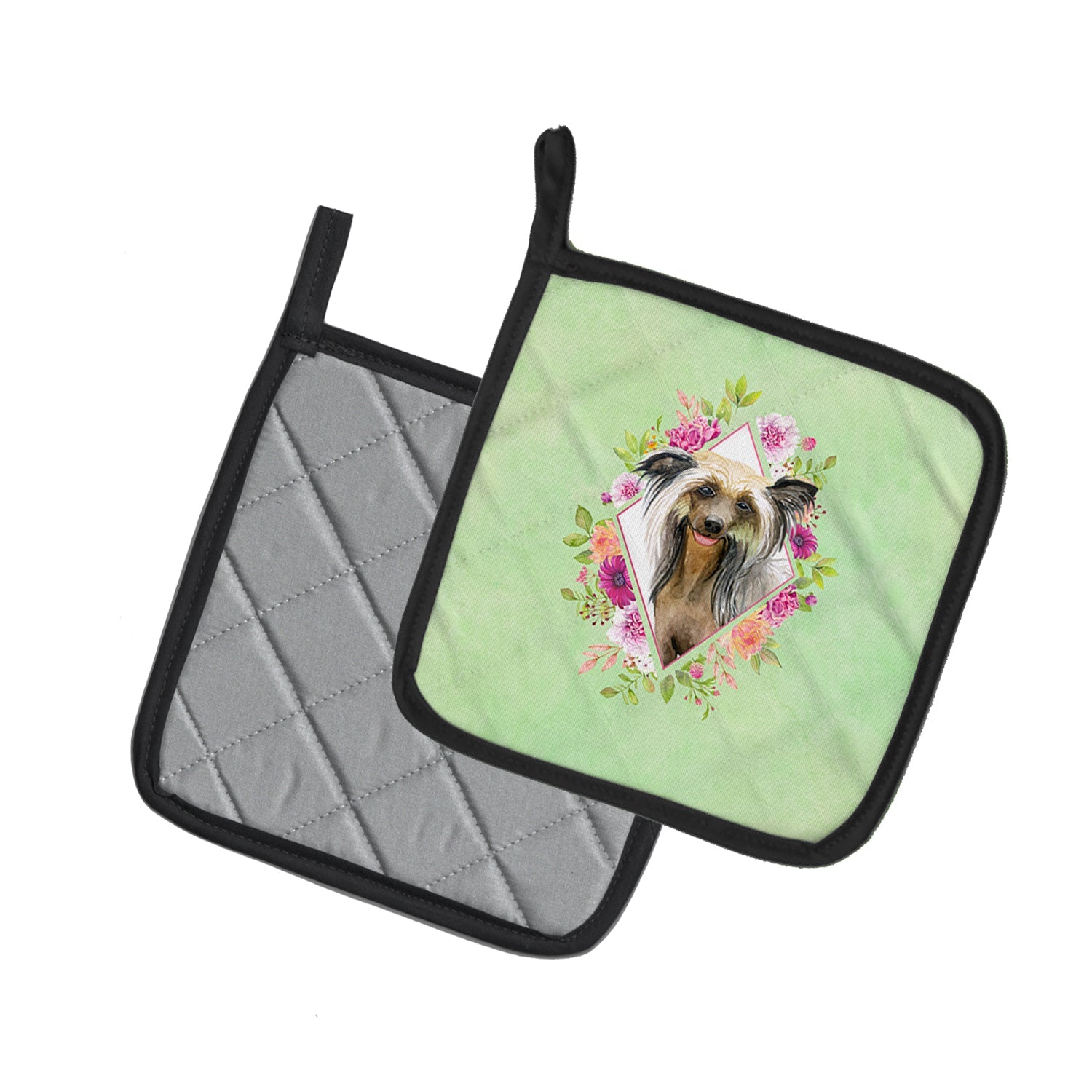 Chinese Crested Green Flowers Pot Holder Set of 2 Heat Resistant Quilted Hot Pads 7.5 x 7.5 Inch, Insulated Kitchen Trivets for Cooking & Baking