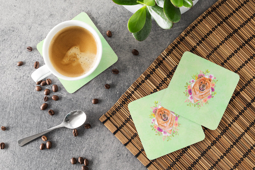 Chow Chow #1 Green Flowers Foam Coasters Set of 4 Cup Coasters for Indoor Outdoor, Tabletop Protection, Anti Slip, Mouse pad Material