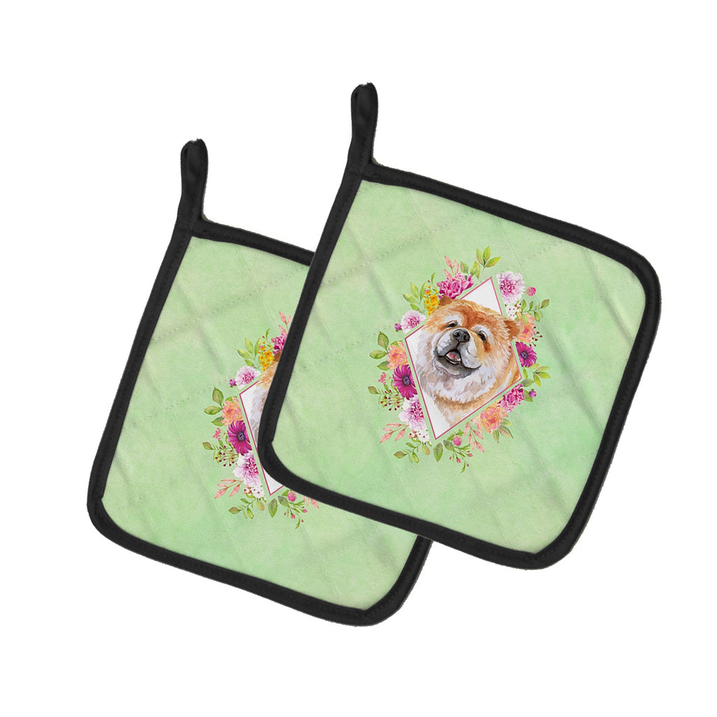 Chow Chow #2 Green Flowers Pot Holder Set of 2 Heat Resistant Quilted Hot Pads 7.5 x 7.5 Inch, Insulated Kitchen Trivets for Cooking & Baking