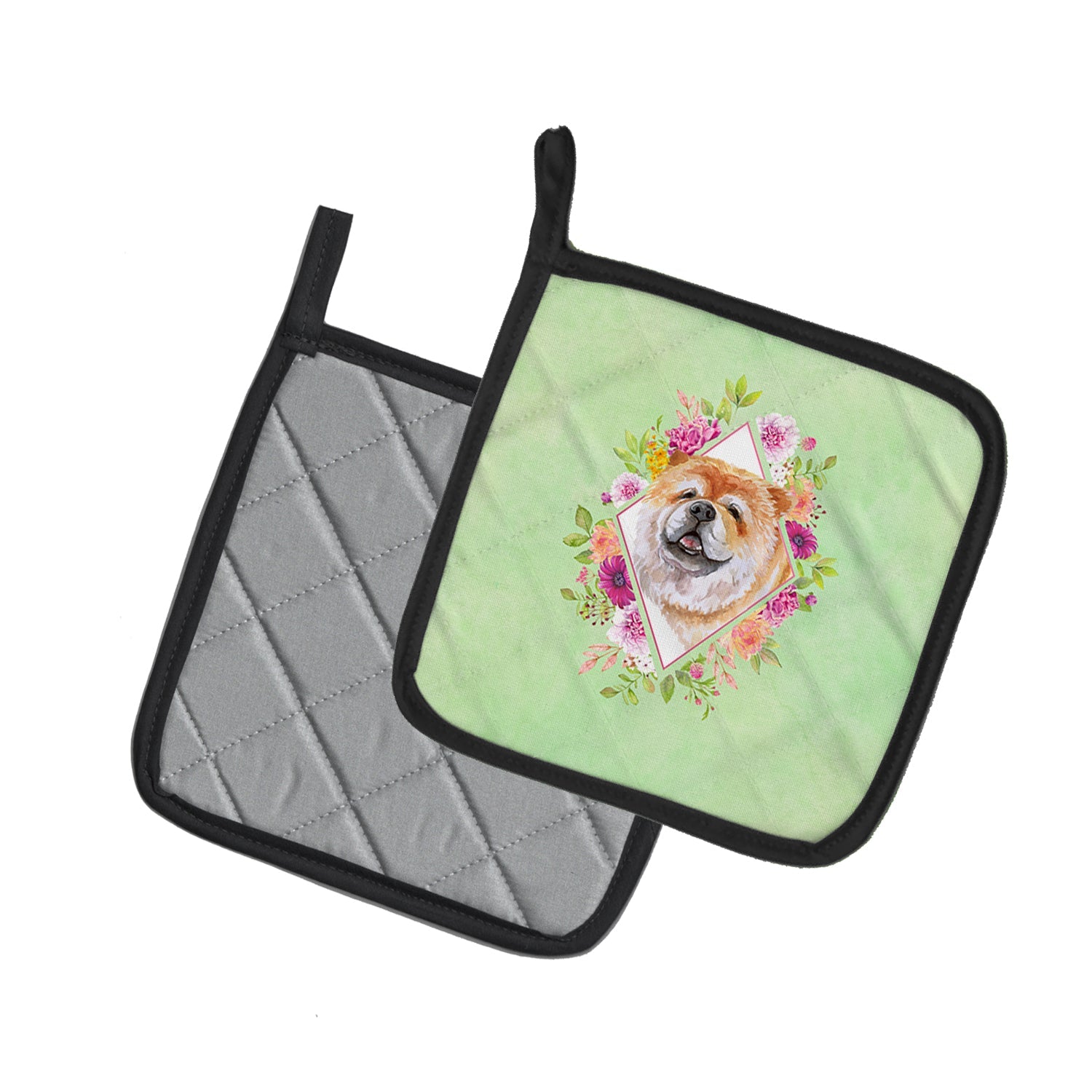Chow Chow #2 Green Flowers Pot Holder Set of 2 Heat Resistant Quilted Hot Pads 7.5 x 7.5 Inch, Insulated Kitchen Trivets for Cooking & Baking