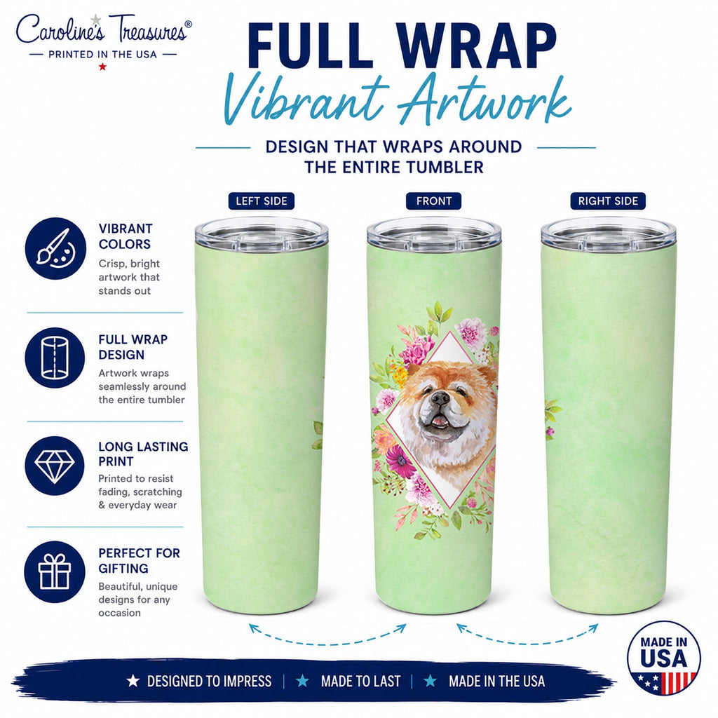 Chow Chow #2 Green Flowers Stainless Steel Skinny Tumbler 20 oz Vacuum Double Walled Reusable Insulated Travel Cup