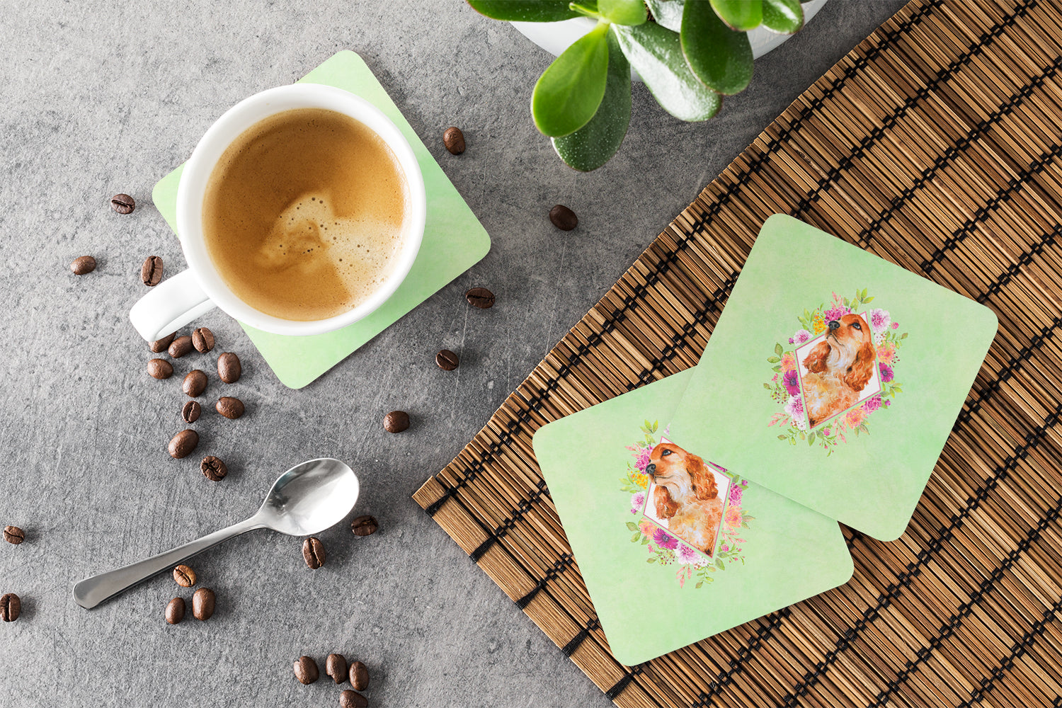 Chow Chow #2 Green Flowers Foam Coasters Set of 4 Cup Coasters for Indoor Outdoor, Tabletop Protection, Anti Slip, Mouse pad Material