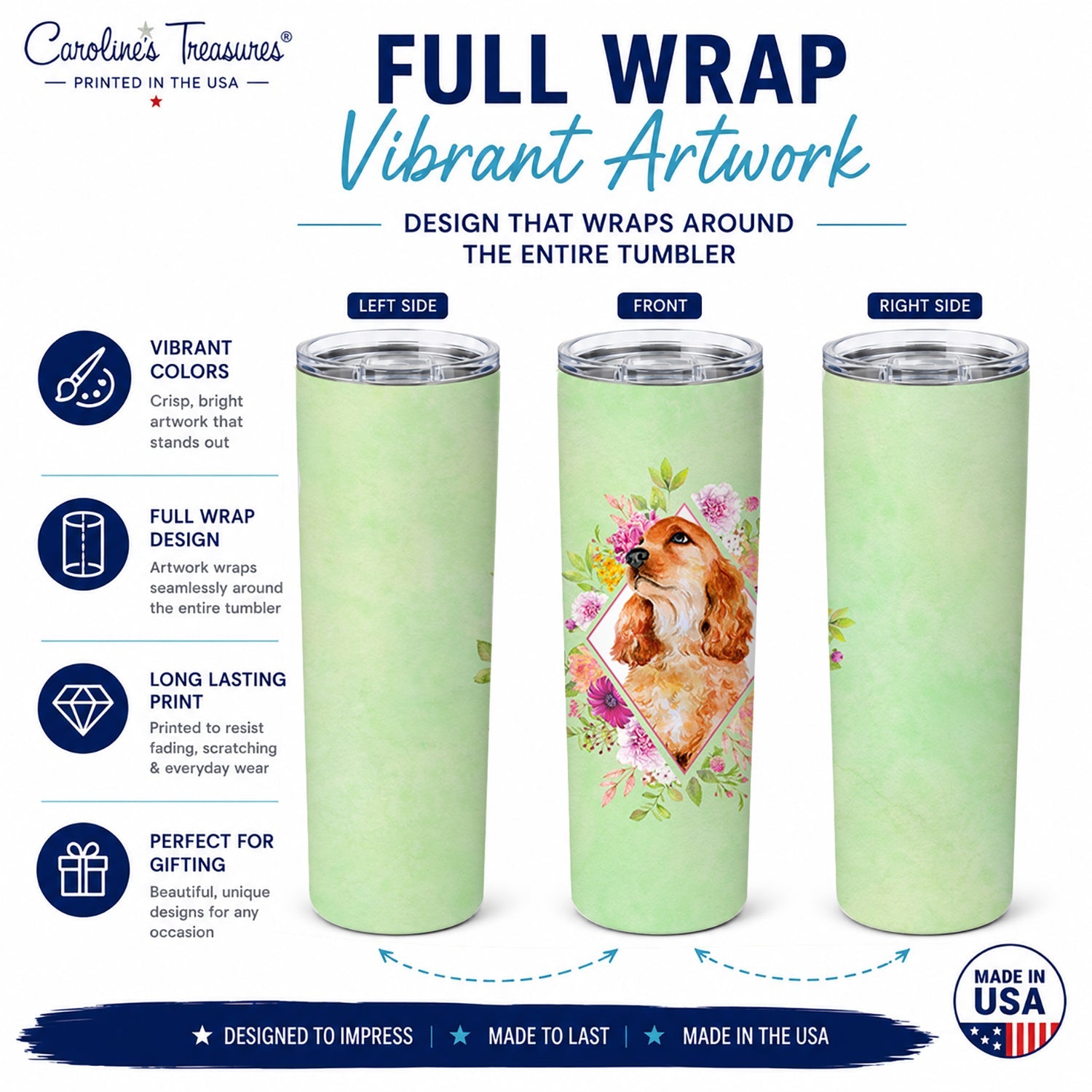 Chow Chow #2 Green Flowers Stainless Steel Skinny Tumbler 20 oz Vacuum Double Walled Reusable Insulated Travel Cup