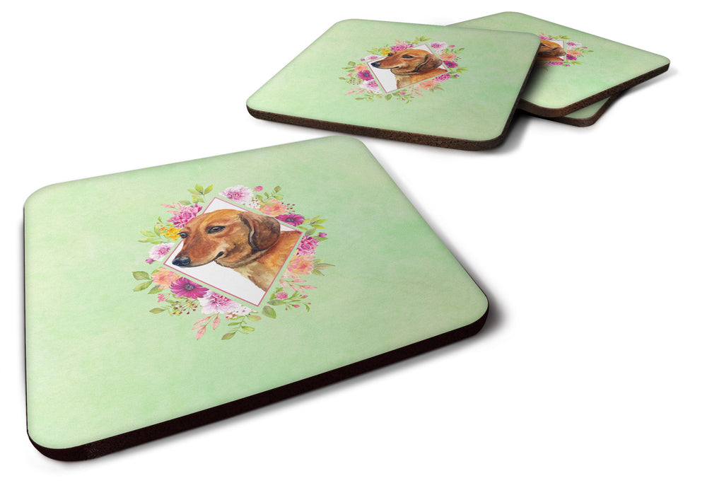 Dachshund Red #1 Green Flowers Foam Coasters Set of 4 Cup Coasters for Indoor Outdoor, Tabletop Protection, Anti Slip, Mouse pad Material