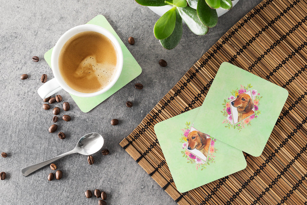 Dachshund Red #1 Green Flowers Foam Coasters Set of 4 Cup Coasters for Indoor Outdoor, Tabletop Protection, Anti Slip, Mouse pad Material
