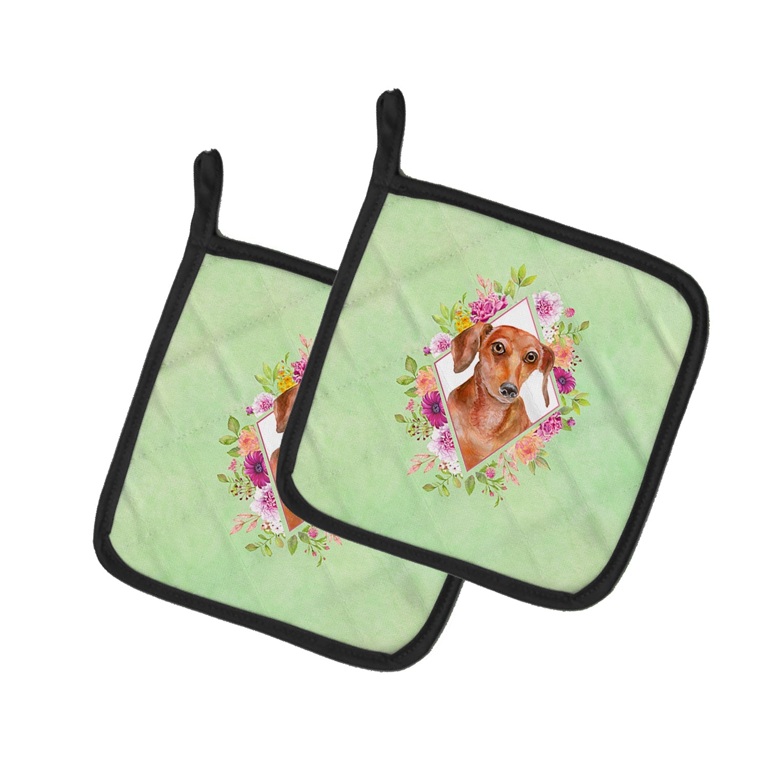 Dachshund Red #2 Green Flowers Pot Holder Set of 2 Heat Resistant Quilted Hot Pads 7.5 x 7.5 Inch, Insulated Kitchen Trivets for Cooking & Baking