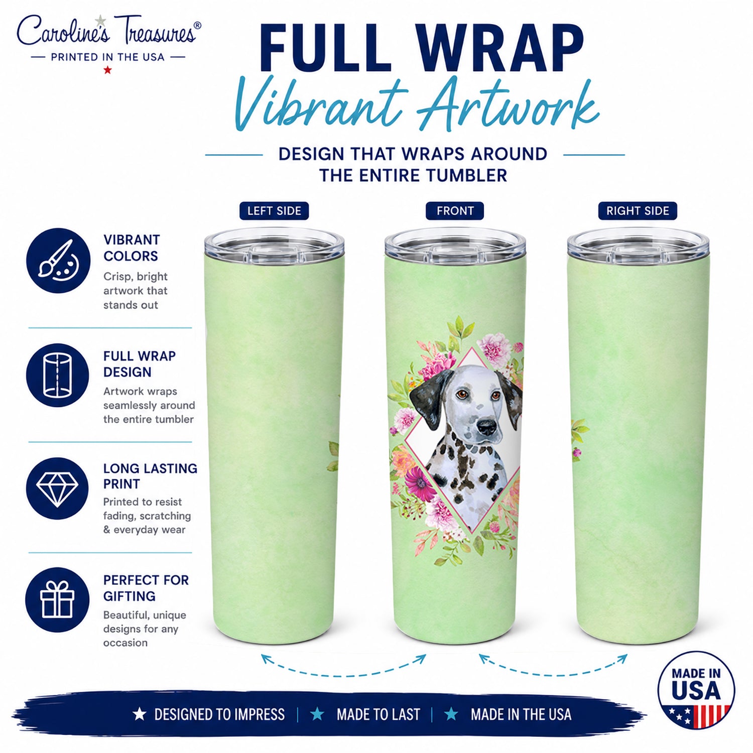 Dalmatian Puppy Green Flowers Stainless Steel Skinny Tumbler 20 oz Vacuum Double Walled Reusable Insulated Travel Cup