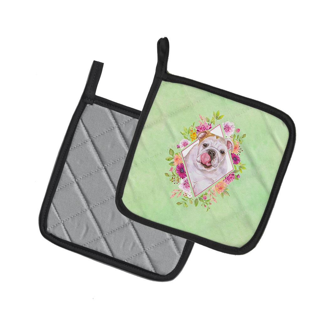 English Bulldog Green Flowers Pot Holder Set of 2 Heat Resistant Quilted Hot Pads 7.5 x 7.5 Inch, Insulated Kitchen Trivets for Cooking & Baking