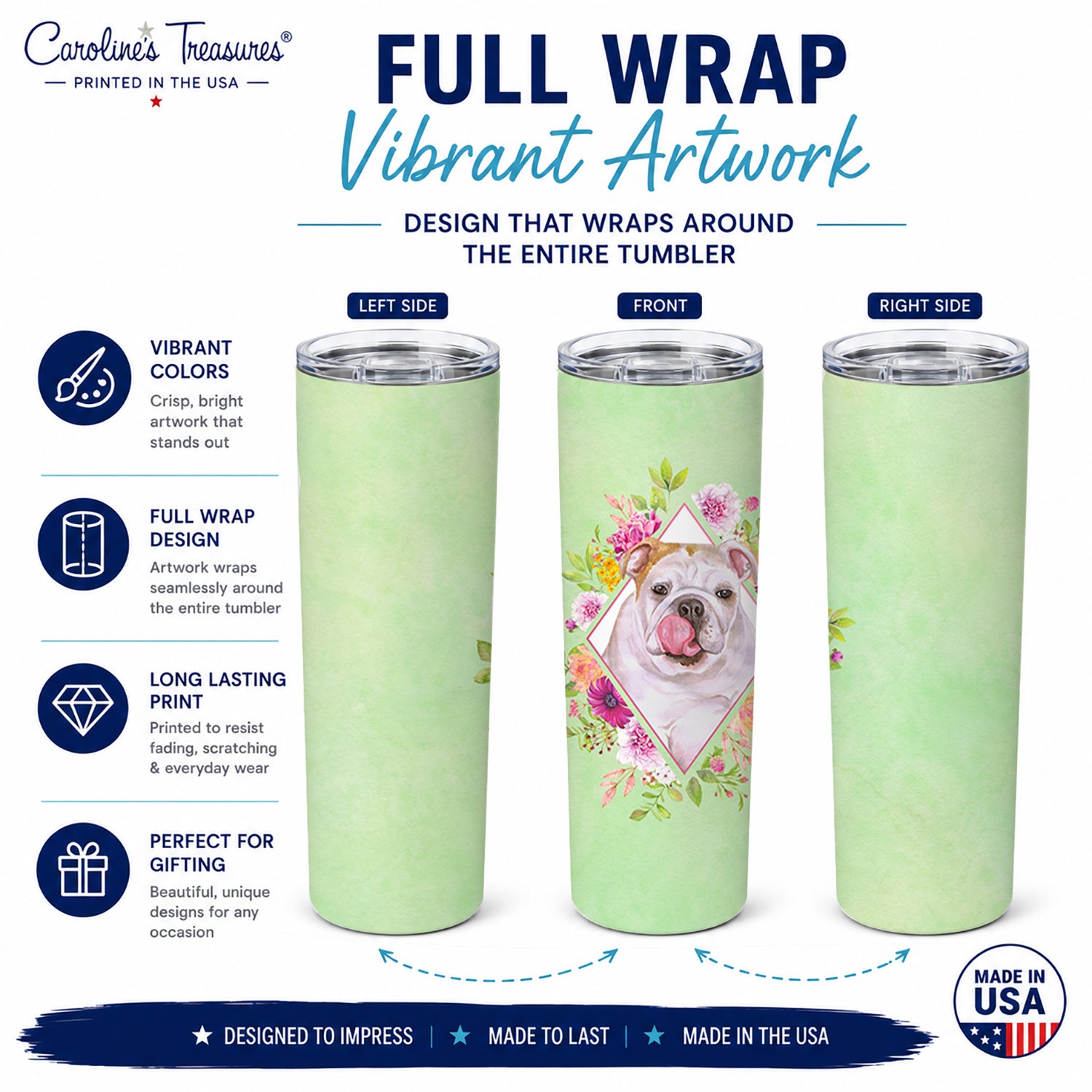 English Bulldog Green Flowers Stainless Steel Skinny Tumbler 20 oz Vacuum Double Walled Reusable Insulated Travel Cup