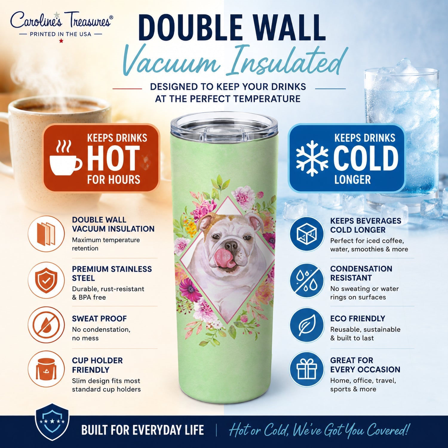 English Bulldog Green Flowers Stainless Steel Skinny Tumbler 20 oz Vacuum Double Walled Reusable Insulated Travel Cup