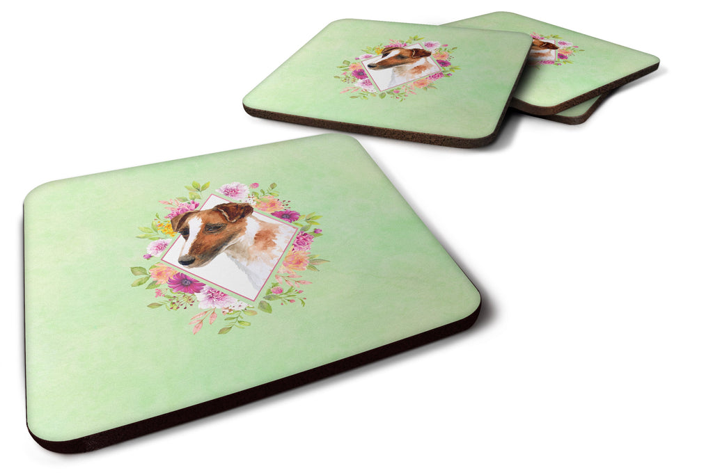 Jack Russell Terrier Green Flowers Foam Coasters Set of 4 Cup Coasters for Indoor Outdoor, Tabletop Protection, Anti Slip, Mouse pad Material