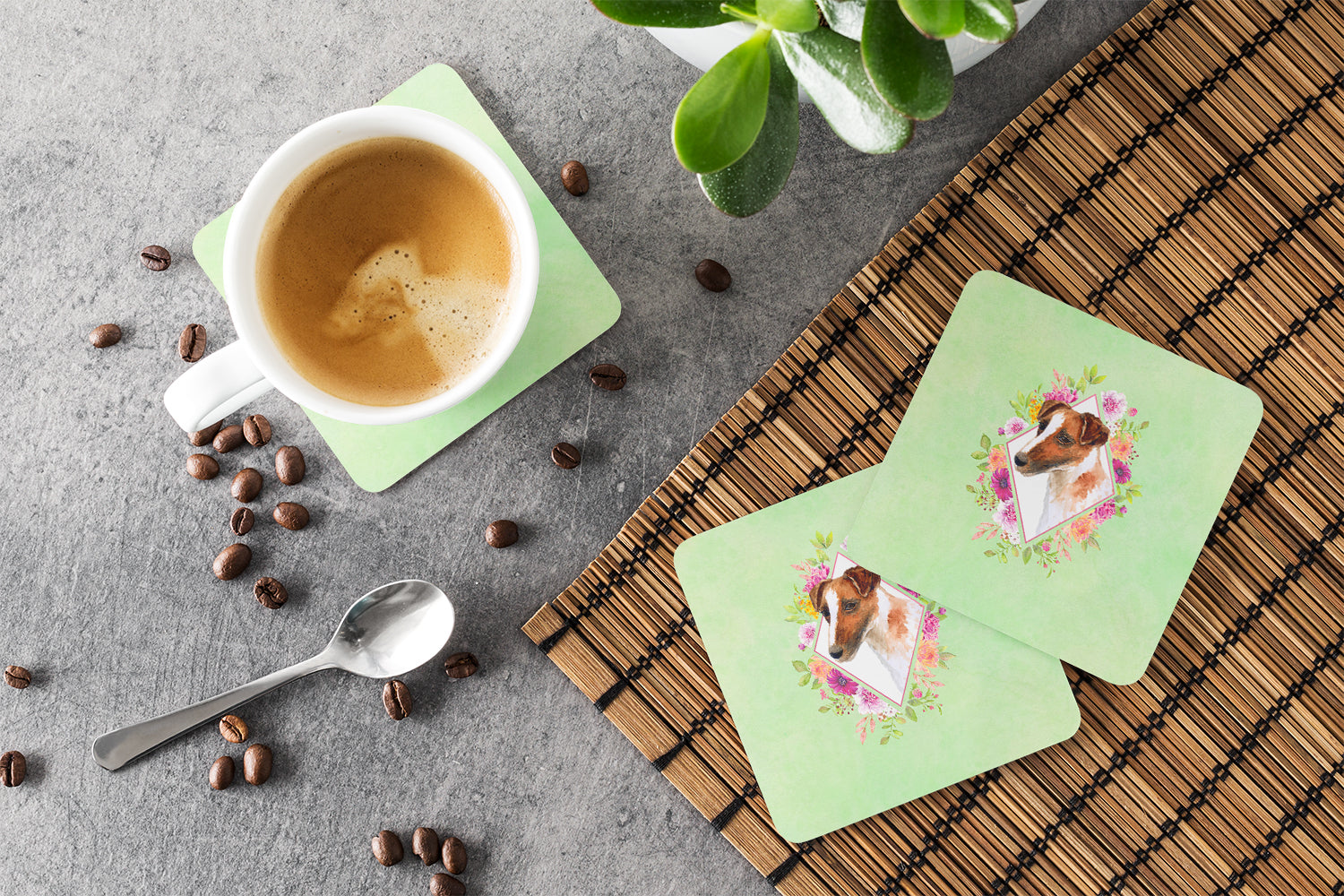 Jack Russell Terrier Green Flowers Foam Coasters Set of 4 Cup Coasters for Indoor Outdoor, Tabletop Protection, Anti Slip, Mouse pad Material