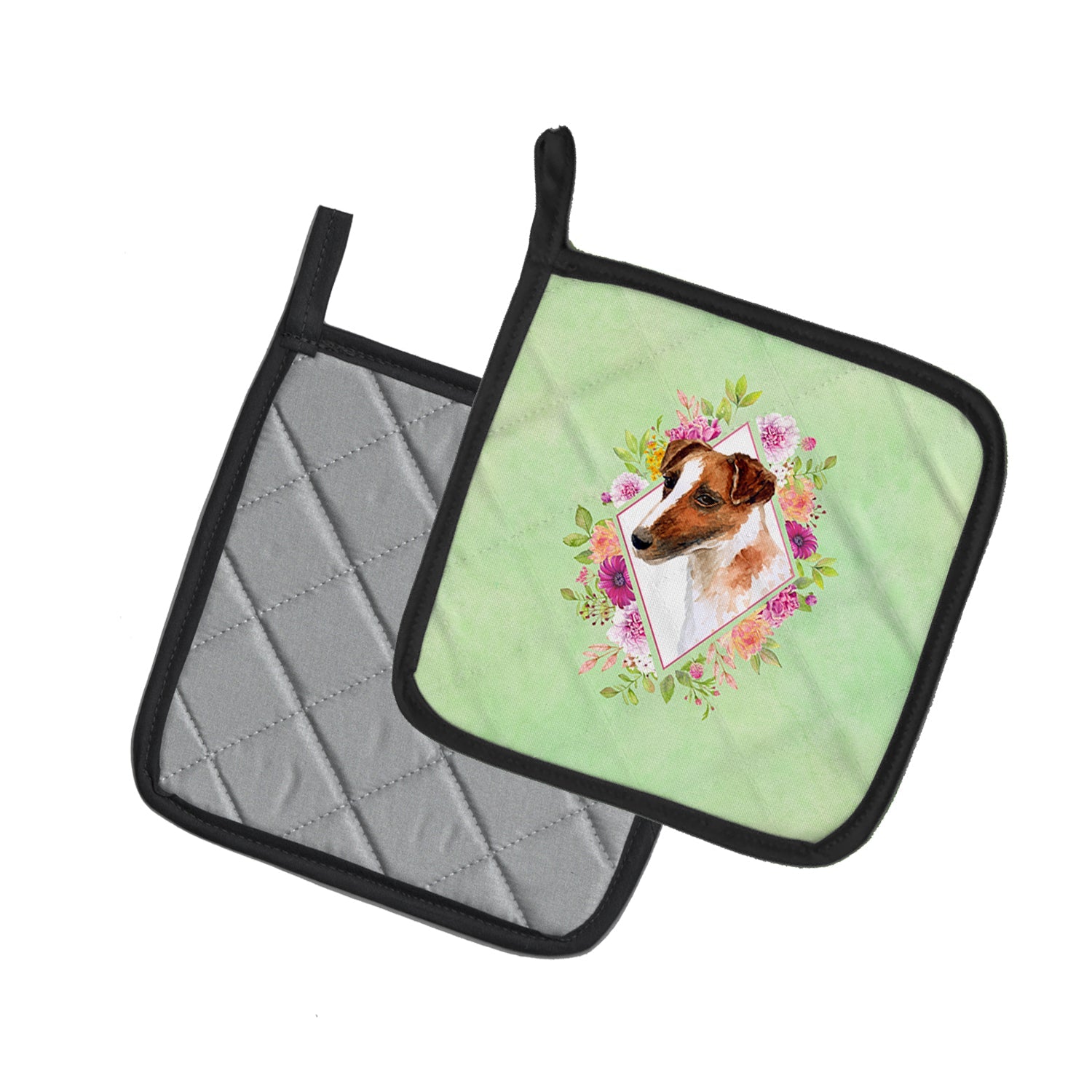 Jack Russell Terrier Green Flowers Pot Holder Set of 2 Heat Resistant Quilted Hot Pads 7.5 x 7.5 Inch, Insulated Kitchen Trivets for Cooking & Baking