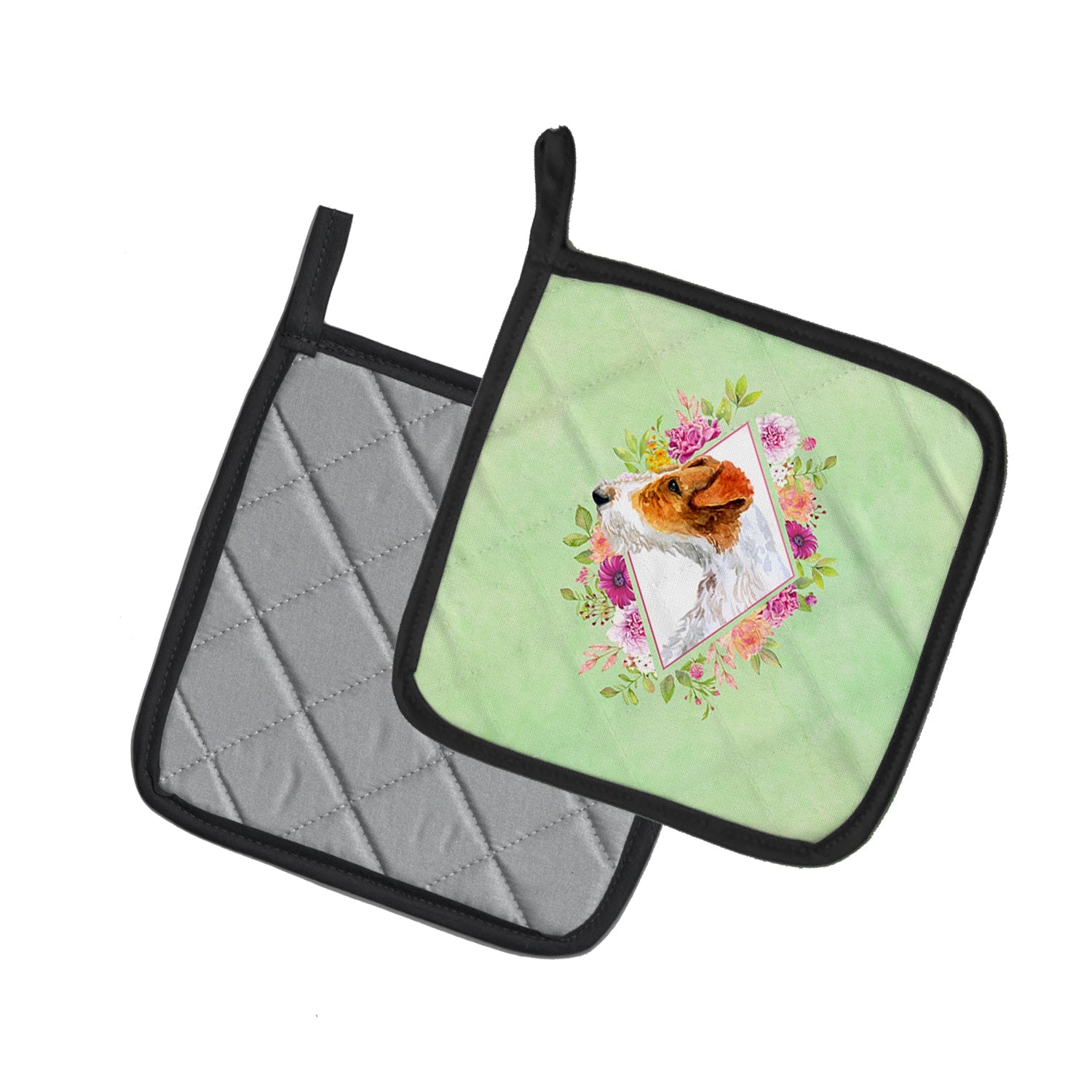 Jack Russell Terrier #2 Green Flowers Pot Holder Set of 2 Heat Resistant Quilted Hot Pads 7.5 x 7.5 Inch, Insulated Kitchen Trivets for Cooking & Baking