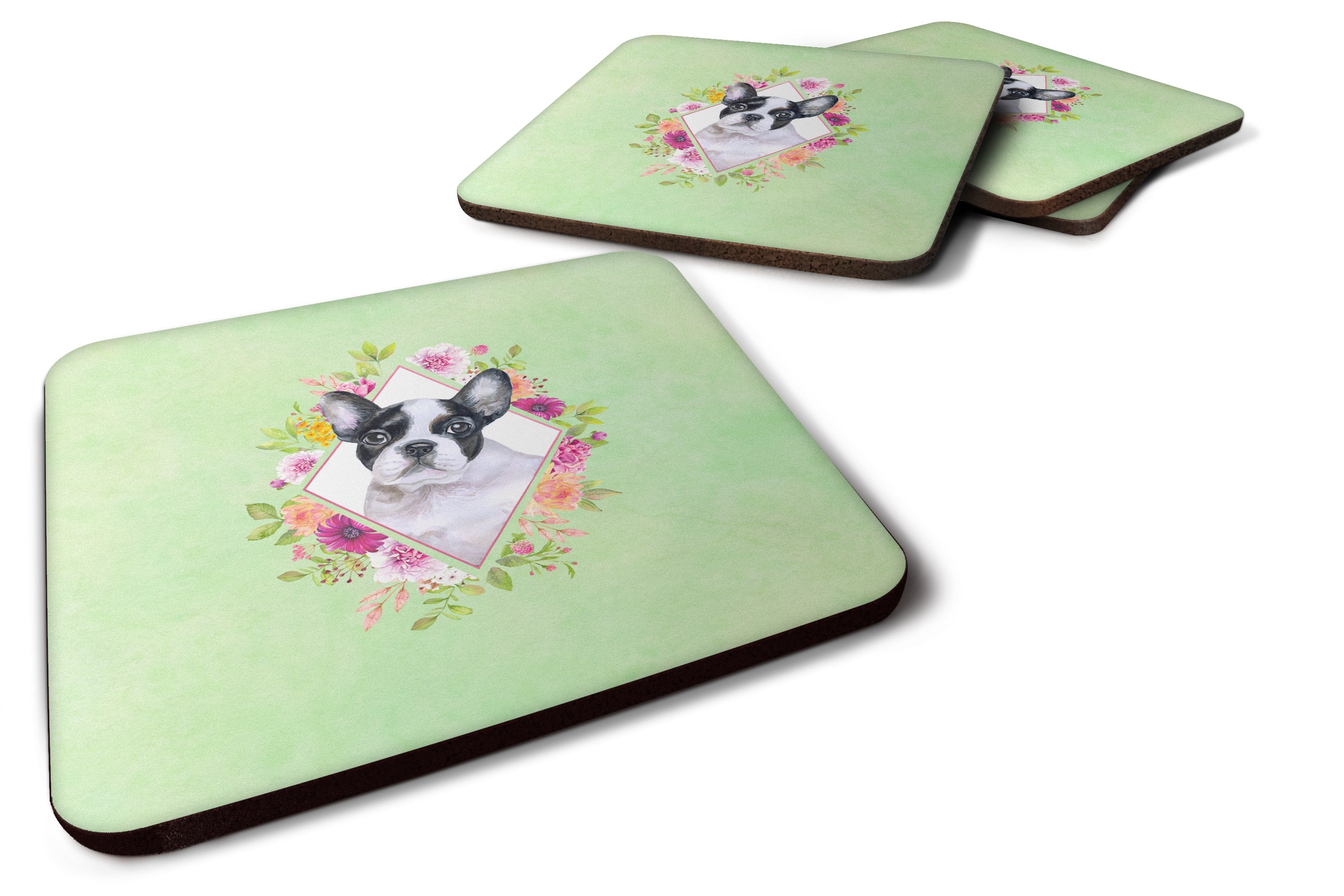 French Bulldog Green Flowers Foam Coasters Set of 4 Cup Coasters for Indoor Outdoor, Tabletop Protection, Anti Slip, Mouse pad Material