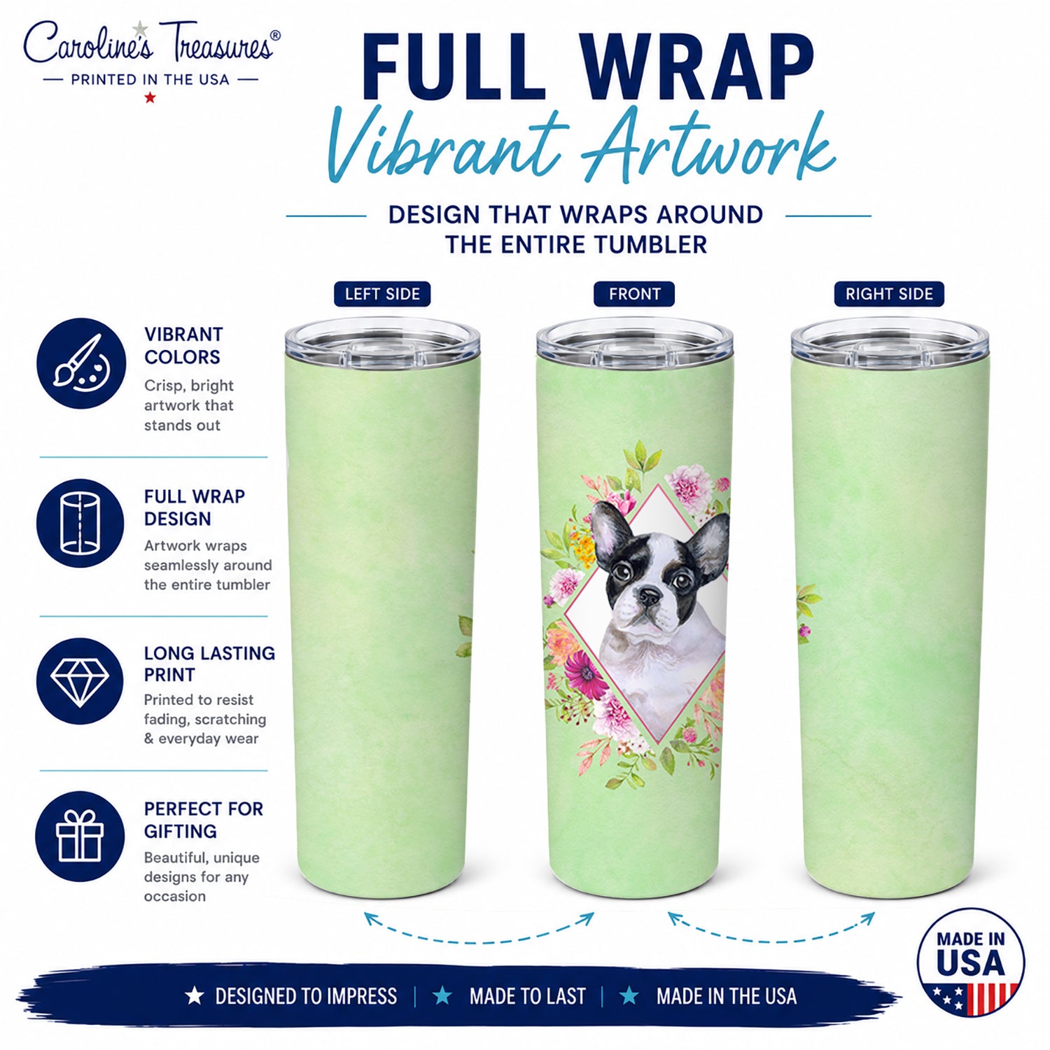 French Bulldog Green Flowers Stainless Steel Skinny Tumbler 20 oz Vacuum Double Walled Reusable Insulated Travel Cup