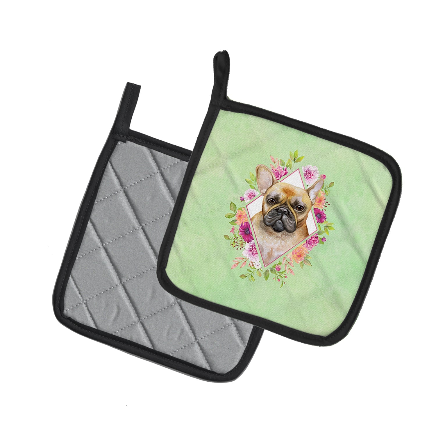 Fawn French Bulldog Green Flowers Pot Holder Set of 2 Heat Resistant Quilted Hot Pads 7.5 x 7.5 Inch, Insulated Kitchen Trivets for Cooking & Baking