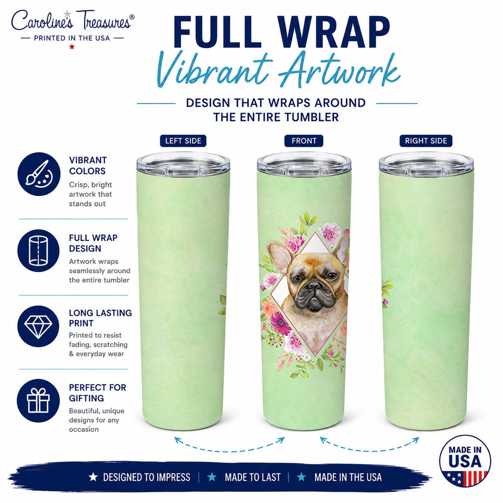 Fawn French Bulldog Green Flowers Stainless Steel Skinny Tumbler 20 oz Vacuum Double Walled Reusable Insulated Travel Cup