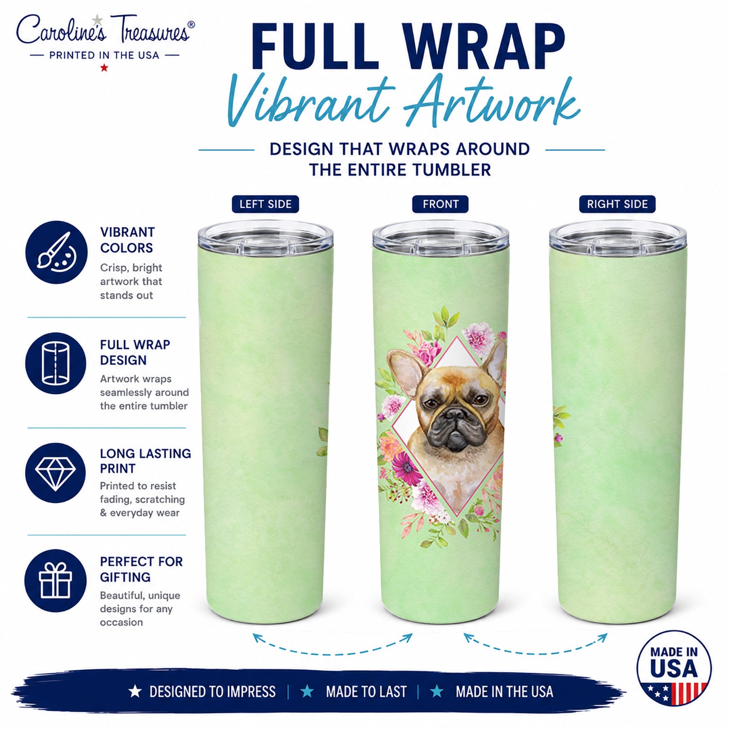 Fawn French Bulldog Green Flowers Stainless Steel Skinny Tumbler 20 oz Vacuum Double Walled Reusable Insulated Travel Cup