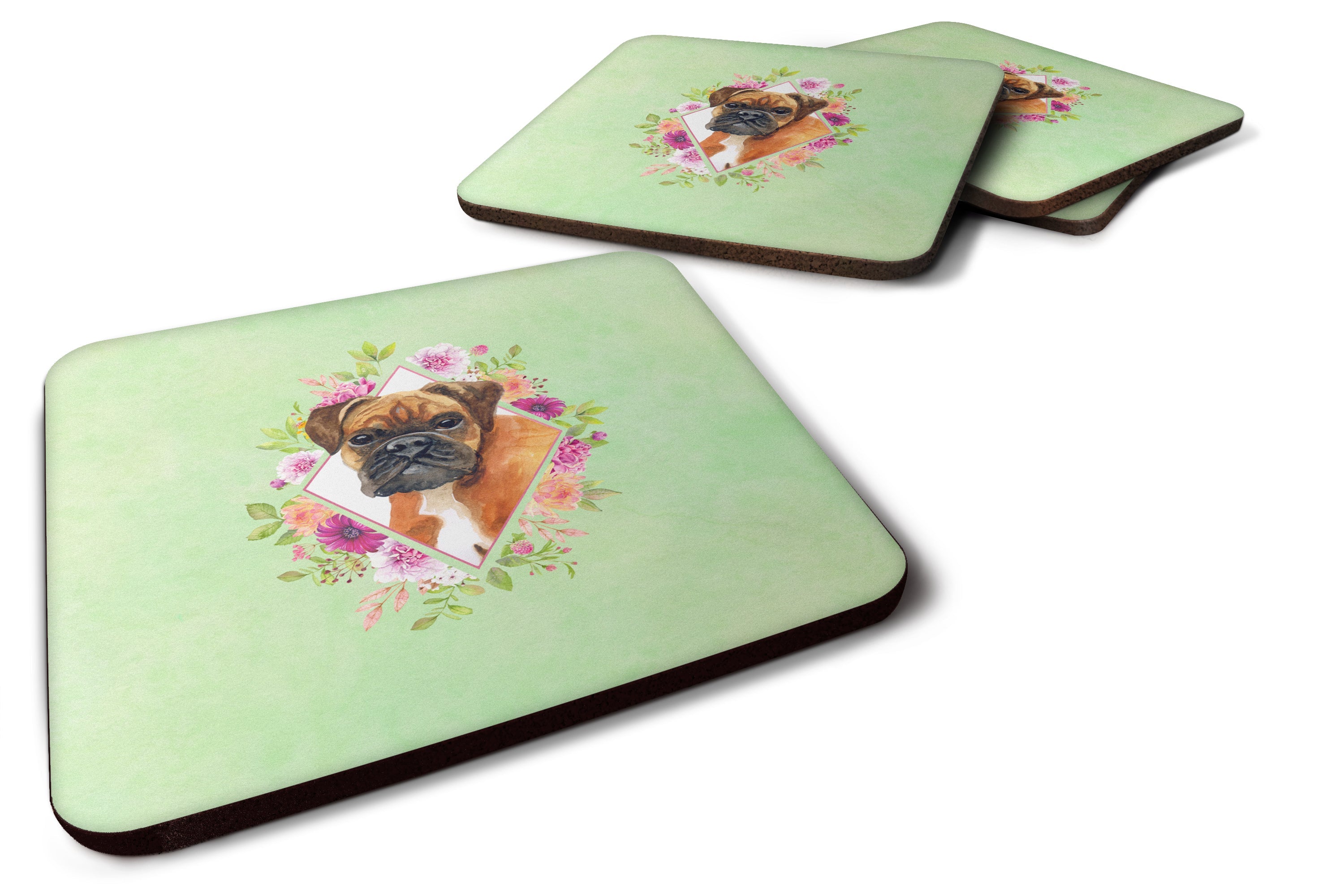 German Boxer Green Flowers Foam Coasters Set of 4 Cup Coasters for Indoor Outdoor, Tabletop Protection, Anti Slip, Mouse pad Material