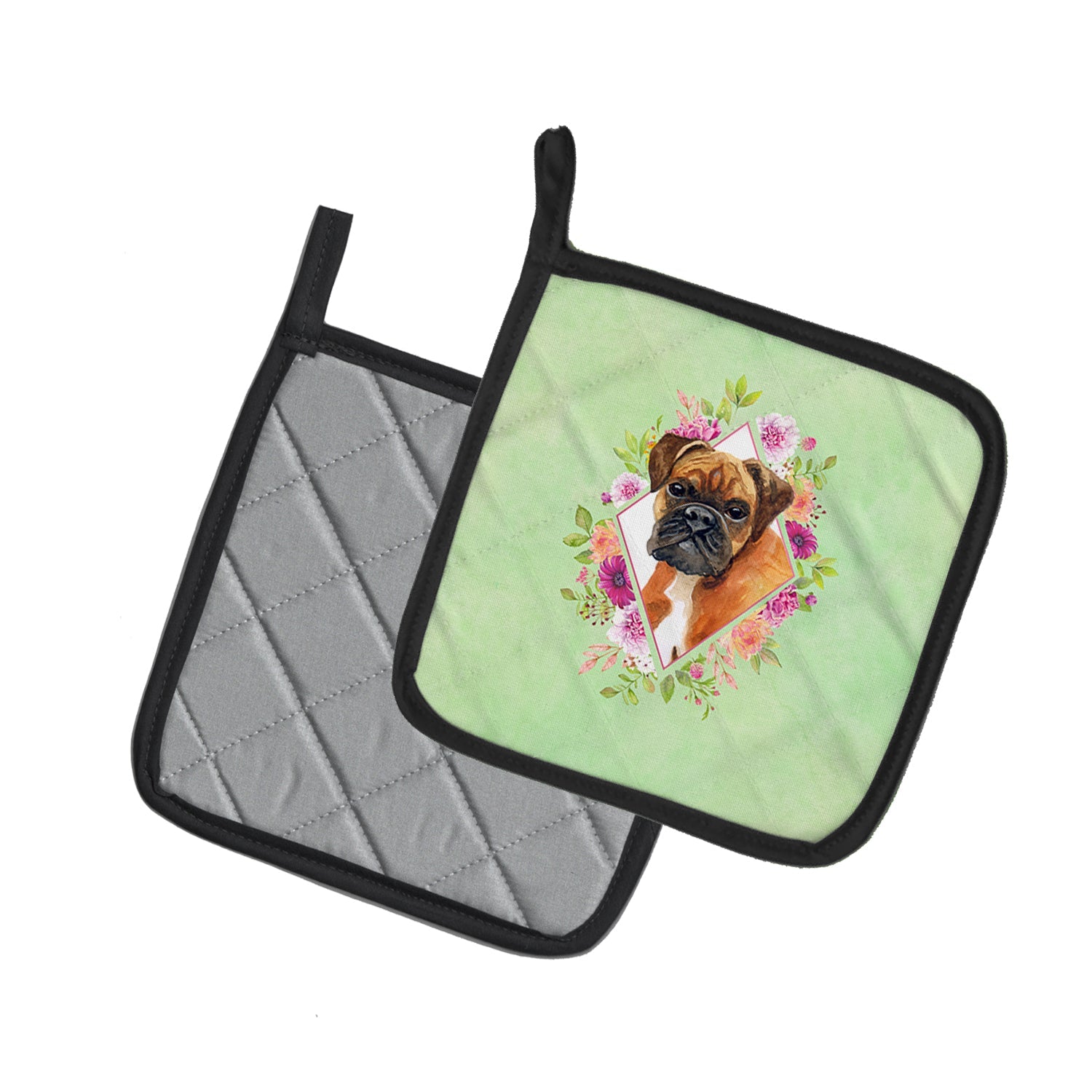 German Boxer Green Flowers Pot Holder Set of 2 Heat Resistant Quilted Hot Pads 7.5 x 7.5 Inch, Insulated Kitchen Trivets for Cooking & Baking
