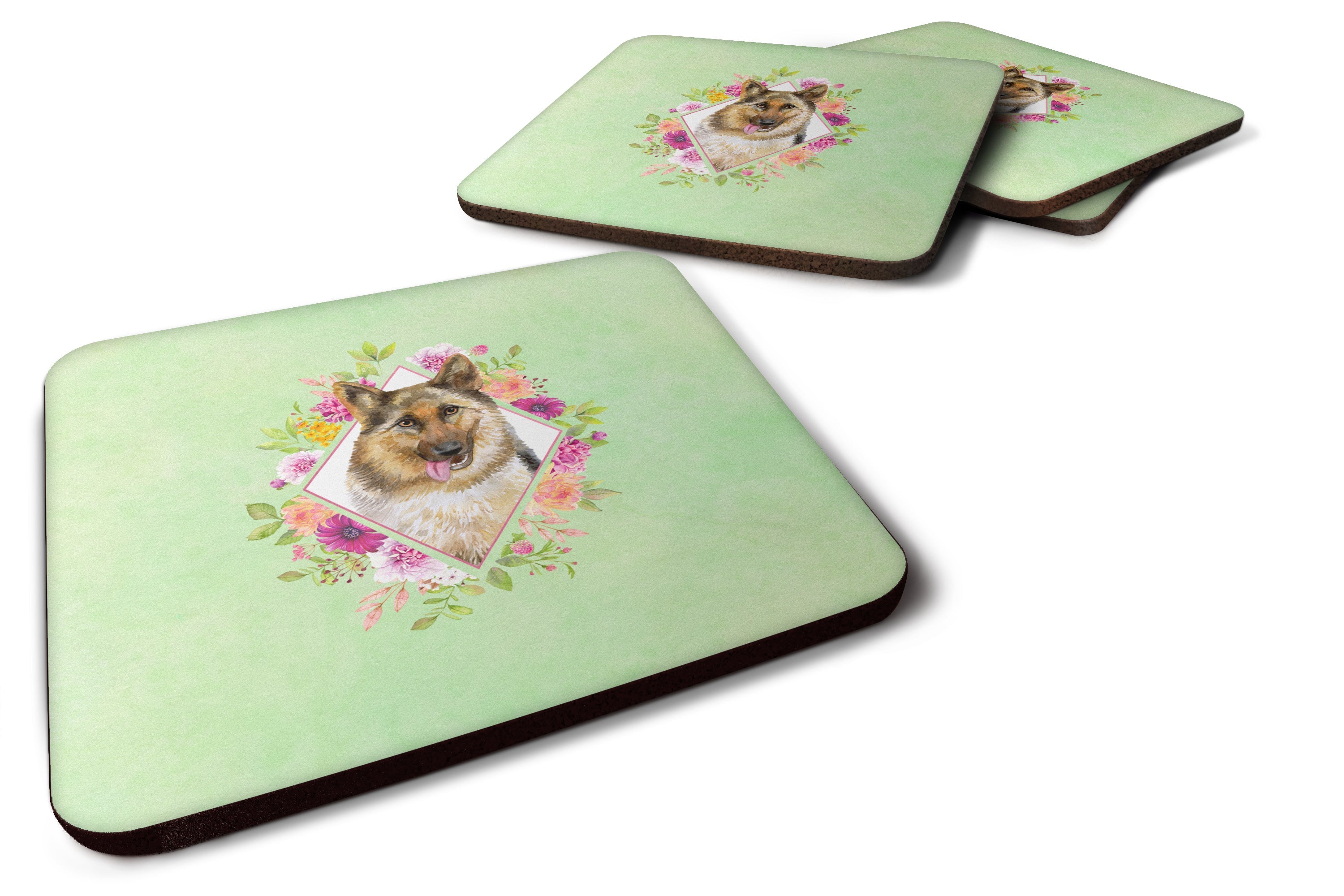 German Shepherd #1 Green Flowers Foam Coasters Set of 4 Cup Coasters for Indoor Outdoor, Tabletop Protection, Anti Slip, Mouse pad Material