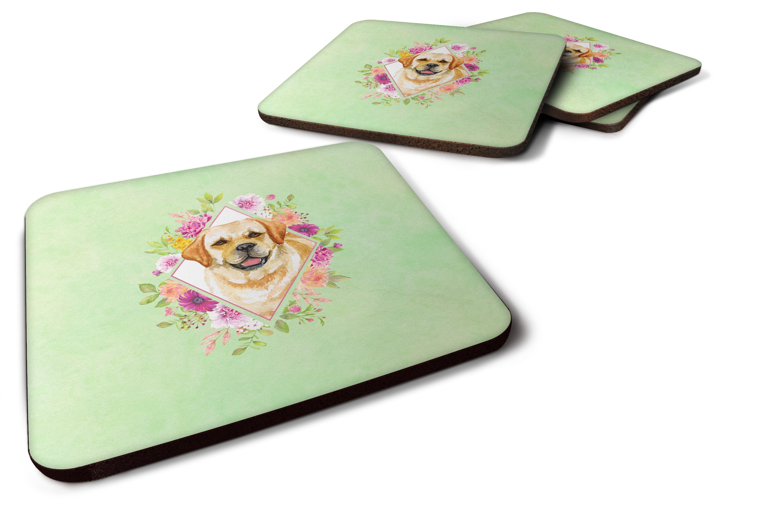 Golden Retriever Green Flowers Foam Coasters Set of 4 Cup Coasters for Indoor Outdoor, Tabletop Protection, Anti Slip, Mouse pad Material
