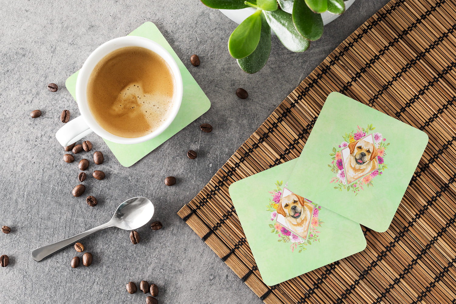 Golden Retriever Green Flowers Foam Coasters Set of 4 Cup Coasters for Indoor Outdoor, Tabletop Protection, Anti Slip, Mouse pad Material