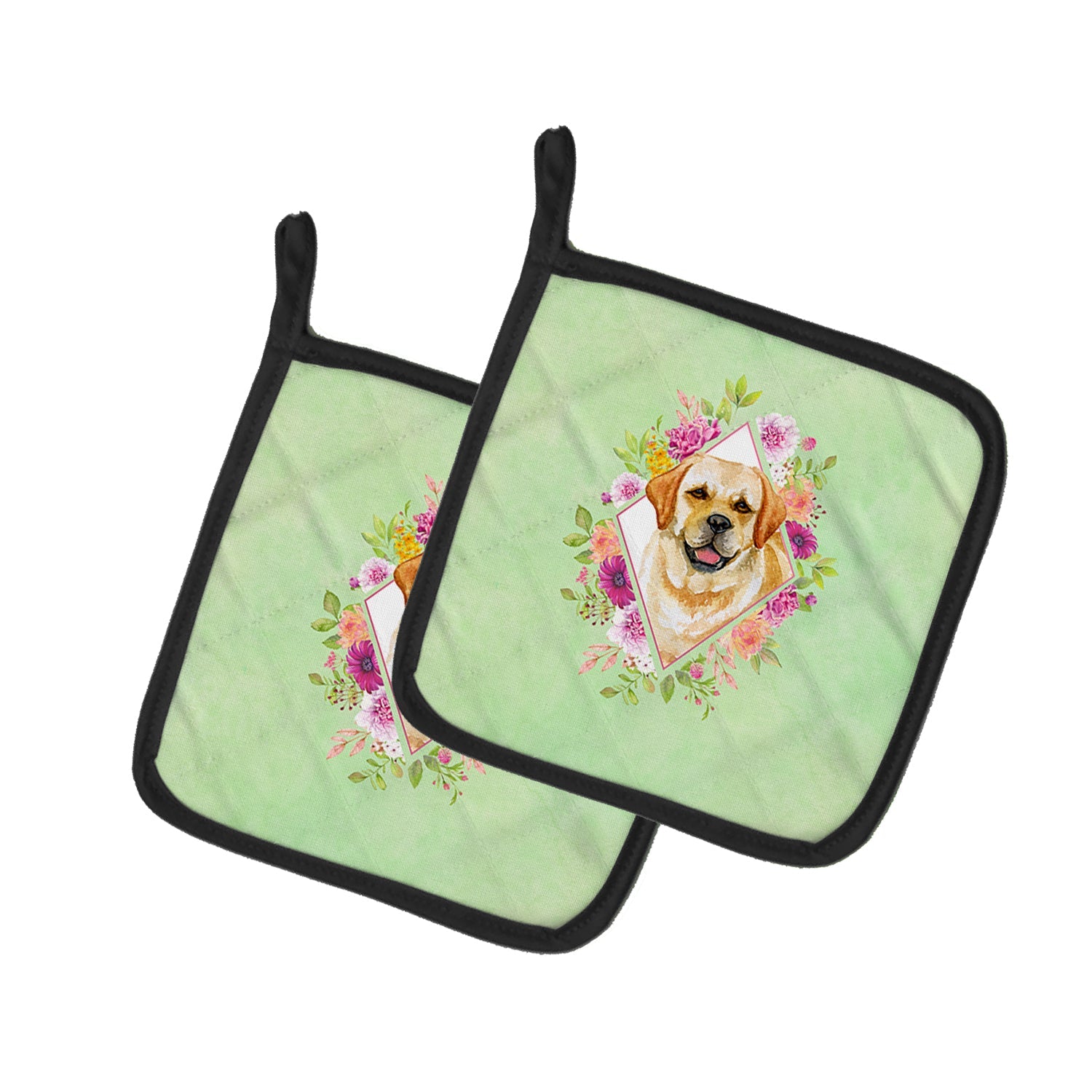 Golden Retriever Green Flowers Pot Holder Set of 2 Heat Resistant Quilted Hot Pads 7.5 x 7.5 Inch, Insulated Kitchen Trivets for Cooking & Baking