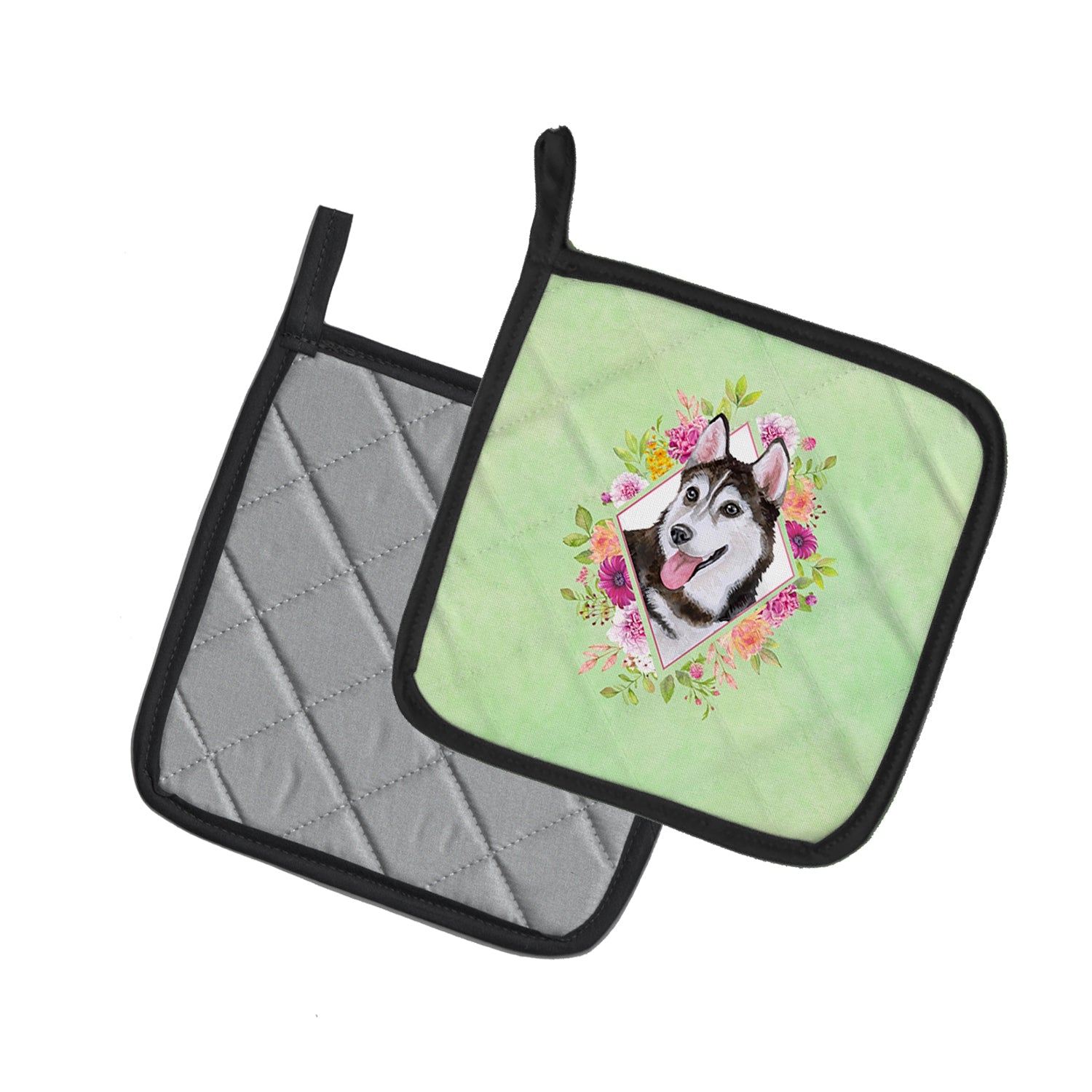 Siberian Husky #1 Green Flowers Pot Holder Set of 2 Heat Resistant Quilted Hot Pads 7.5 x 7.5 Inch, Insulated Kitchen Trivets for Cooking & Baking