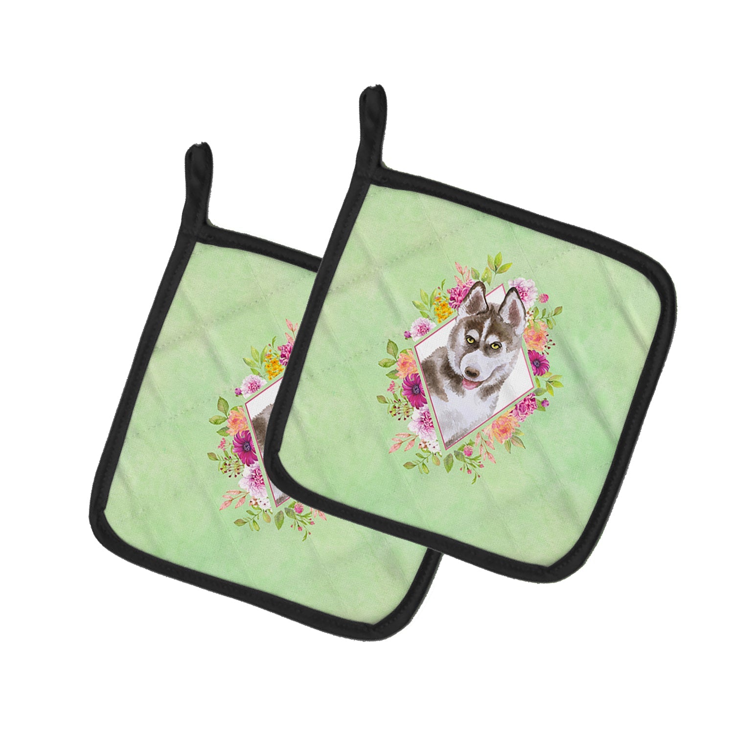 Siberian Husky #2 Green Flowers Pot Holder Set of 2 Heat Resistant Quilted Hot Pads 7.5 x 7.5 Inch, Insulated Kitchen Trivets for Cooking & Baking