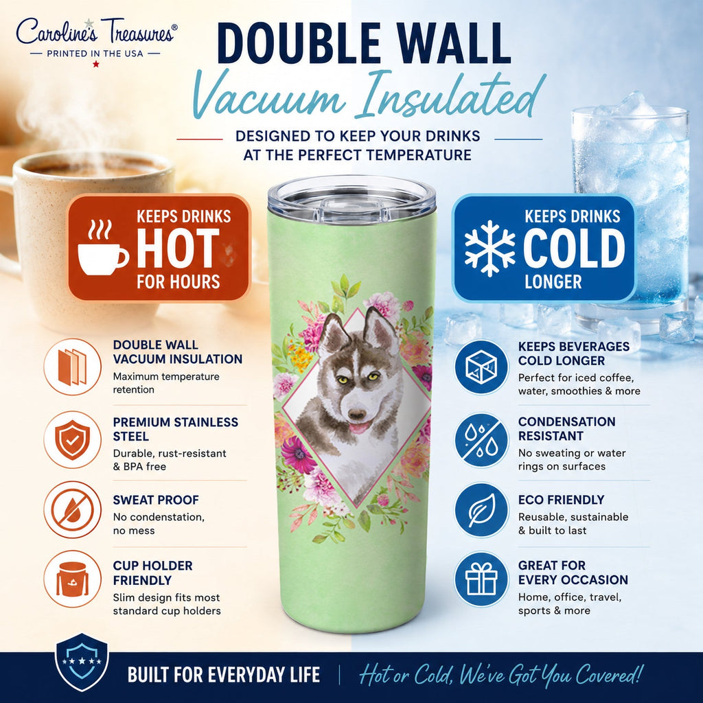 Siberian Husky #2 Green Flowers Stainless Steel Skinny Tumbler 20 oz Vacuum Double Walled Reusable Insulated Travel Cup