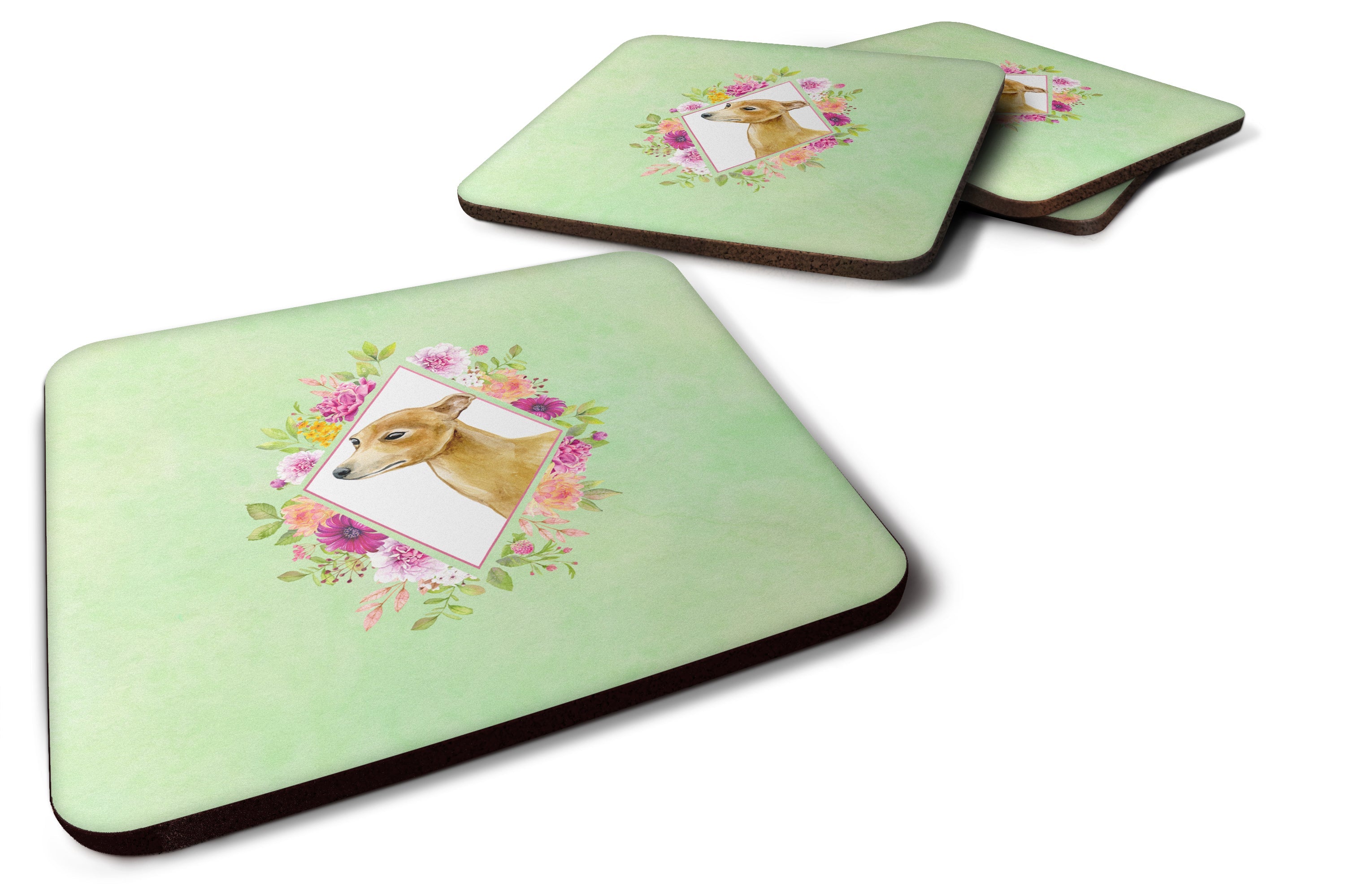 Italian Greyhound Green Flowers Foam Coasters Set of 4 Cup Coasters for Indoor Outdoor, Tabletop Protection, Anti Slip, Mouse pad Material