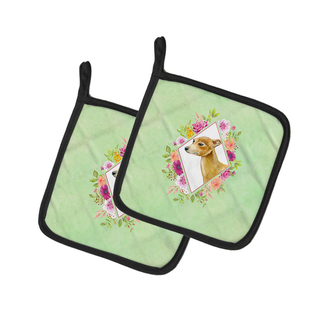 Italian Greyhound Green Flowers Pot Holder Set of 2 Heat Resistant Quilted Hot Pads 7.5 x 7.5 Inch, Insulated Kitchen Trivets for Cooking & Baking