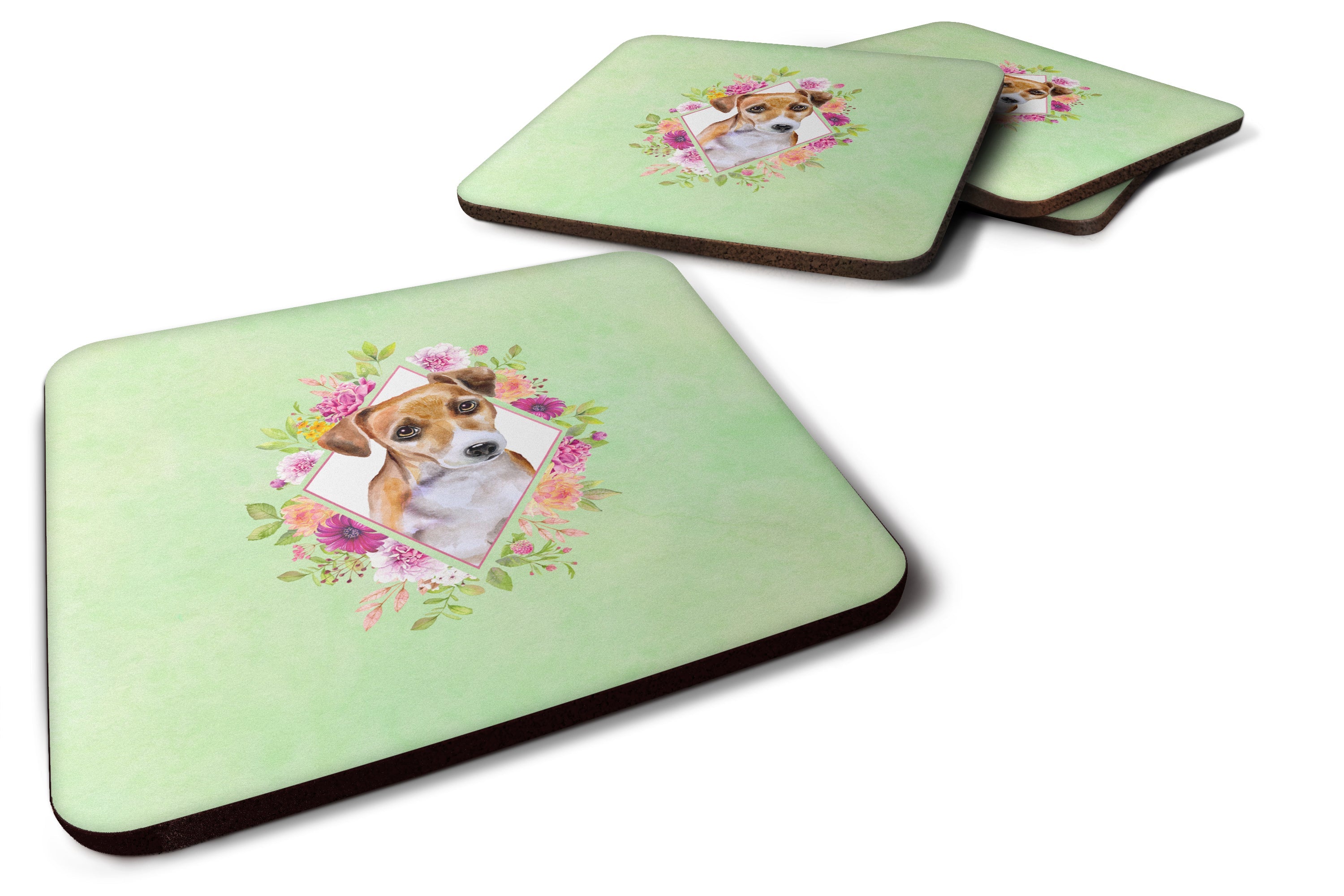 Jack Russell Terrier #1 Green Flowers Foam Coasters Set of 4 Cup Coasters for Indoor Outdoor, Tabletop Protection, Anti Slip, Mouse pad Material