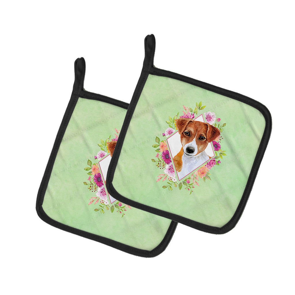 Jack Russell Terrier #2 Green Flowers Pot Holder Set of 2 Heat Resistant Quilted Hot Pads 7.5 x 7.5 Inch, Insulated Kitchen Trivets for Cooking & Baking