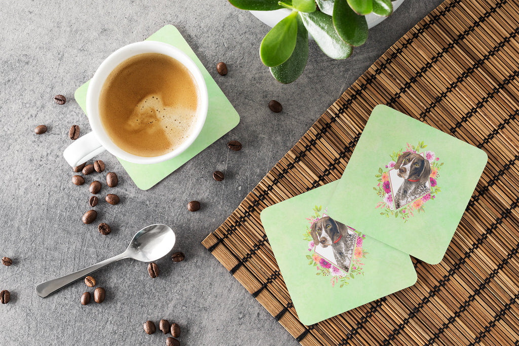 German Shorthaired Pointer Green Flowers Foam Coasters Set of 4 Cup Coasters for Indoor Outdoor, Tabletop Protection, Anti Slip, Mouse pad Material