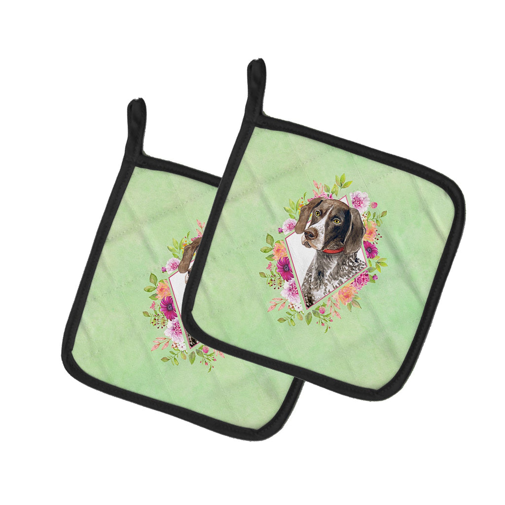German Shorthaired Pointer Green Flowers Pot Holder Set of 2 Heat Resistant Quilted Hot Pads 7.5 x 7.5 Inch, Insulated Kitchen Trivets for Cooking & Baking