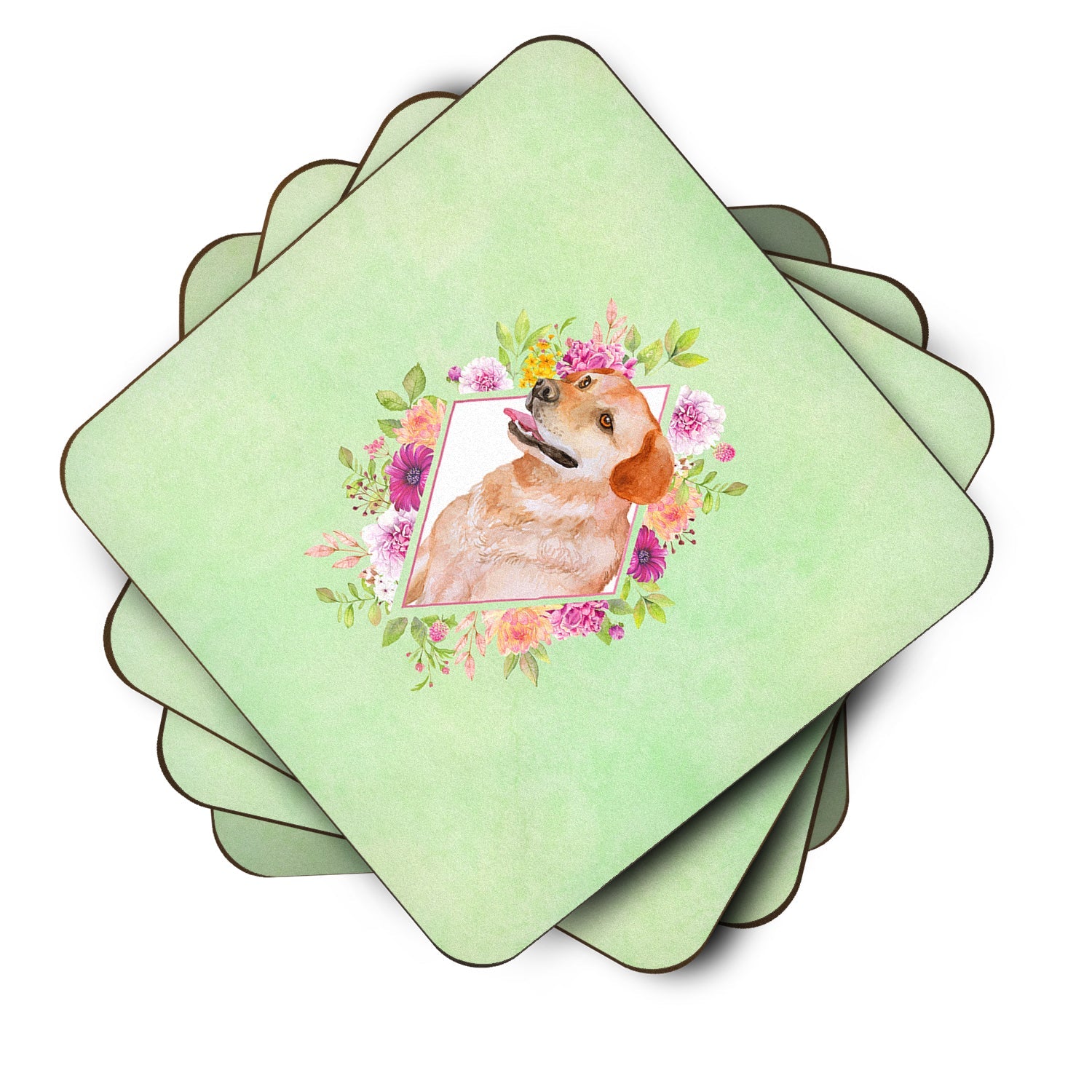 Yellow Labrador Retriever Green Flowers Foam Coasters Set of 4 Cup Coasters for Indoor Outdoor, Tabletop Protection, Anti Slip, Mouse pad Material